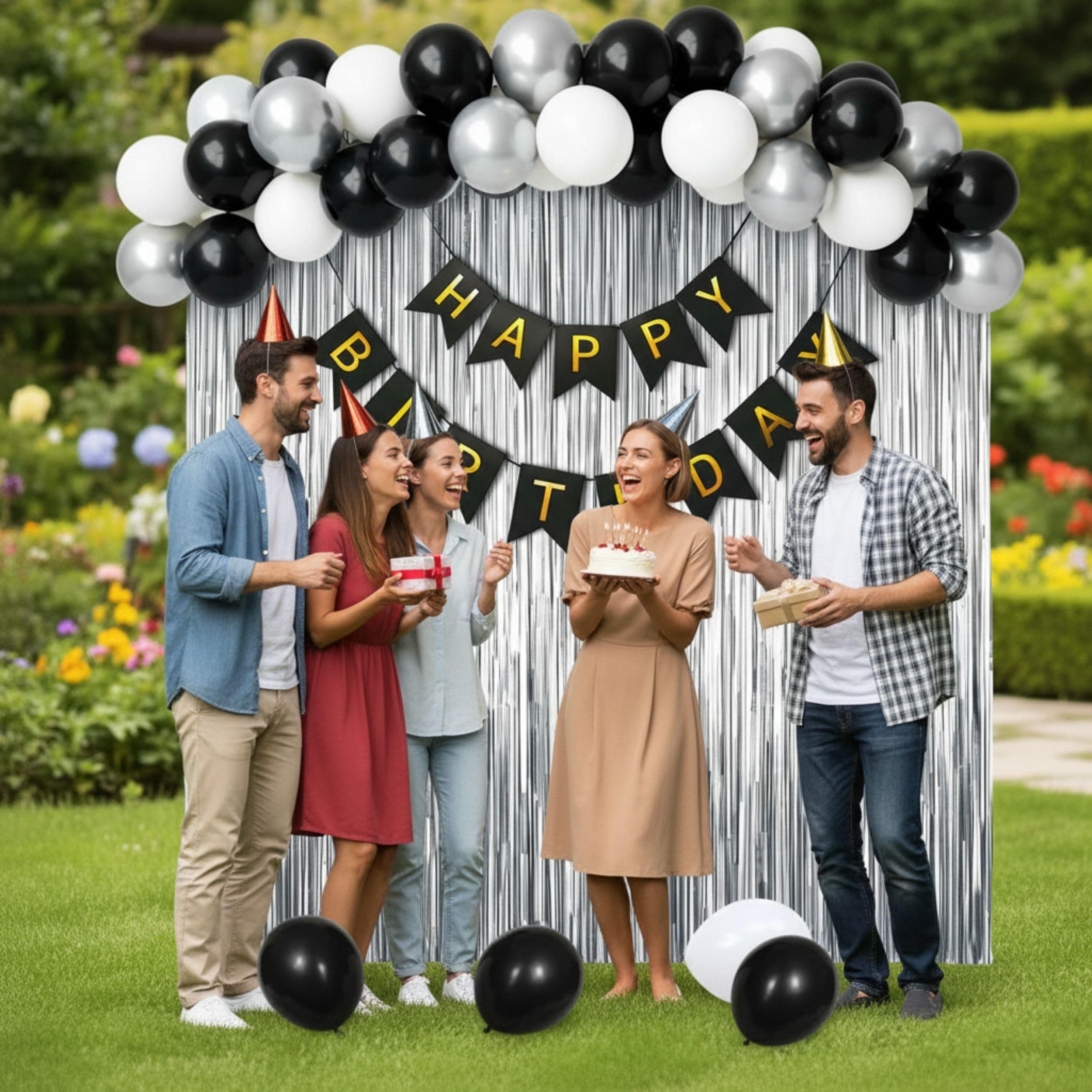 Balloonistics 40 Pcs Black, White & Silver Birthday Decoration Kit – Elegant Aesthetic Party Decor with Happy Birthday Banner, Foil Fringe Curtain, Metallic Balloons & Ribbons thumbnail 5