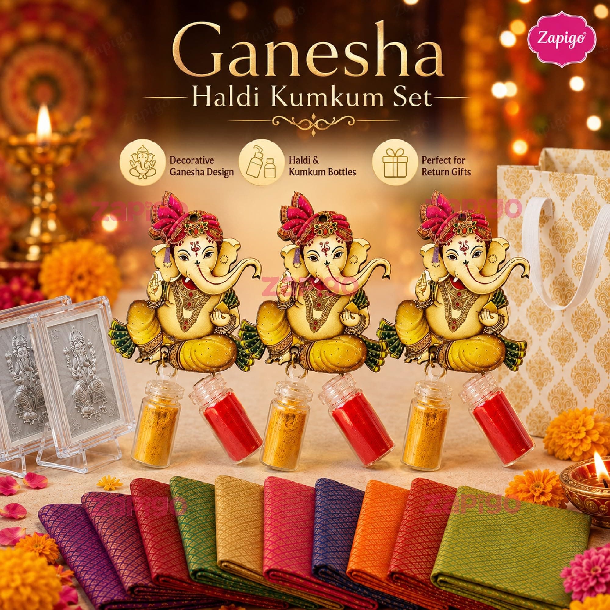 Habba Ganesha Frame Pooja Return Gift Combo for Women, Includes Ganesha Kumkum, Carry Bag, Blouse Piece, Traditional Haldi Kumkum Tambulam Hamper for Ganesh Chaturthi & Festivals, Pack of 5 thumbnail 6