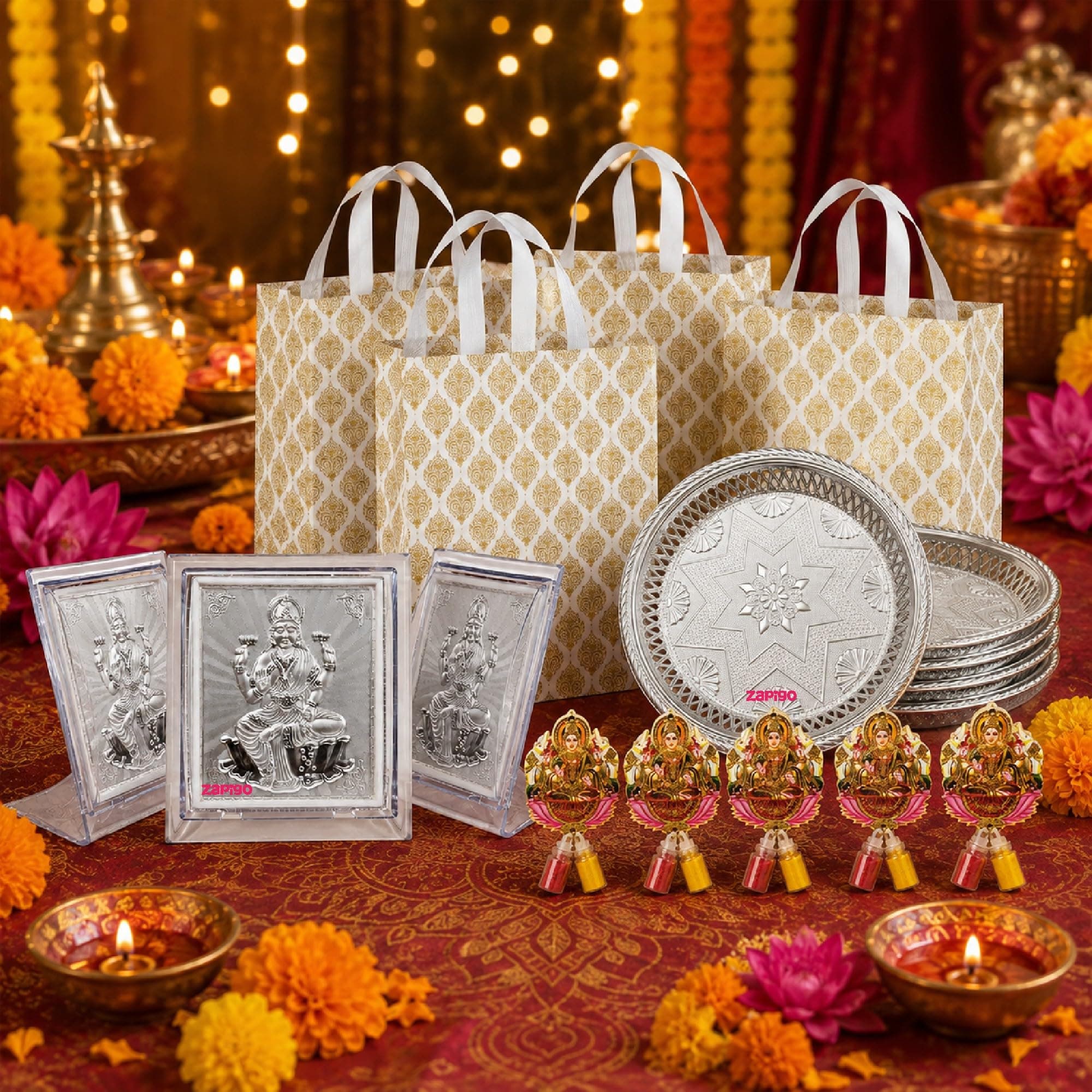 Habba Lakshmi Frame Pooja Return Gift Combo for Women, Lakshmi Kumkum, Silver Plate, Festive Bag, Traditional Haldi Kumkum Tambulam Hamper for Varalakshmi Vratham, Diwali, Weddings, Pack of 5 thumbnail 1