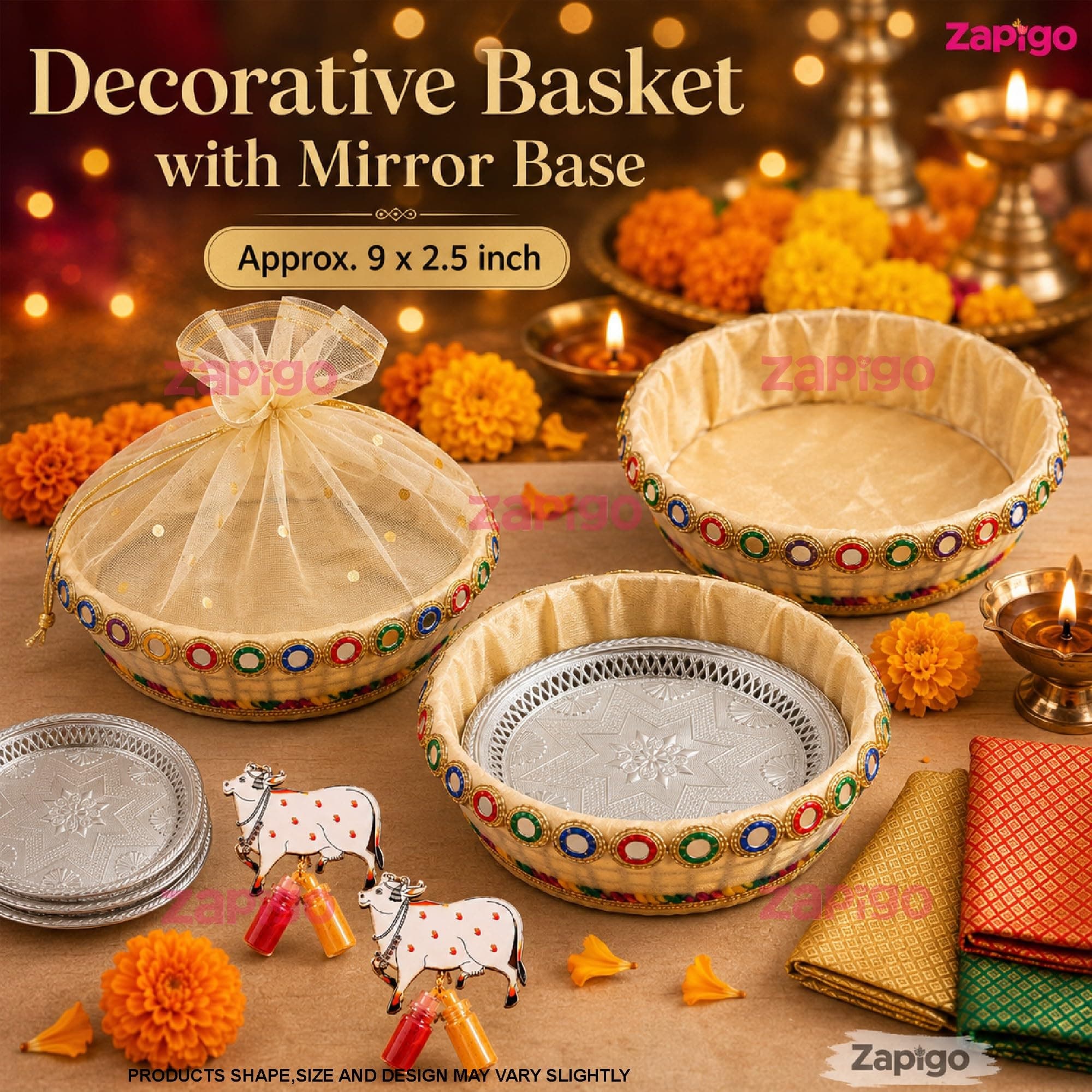 Habba Fruits Basket, Silver Plate, Cow Kumkum & Blouse Piece Pooja Return Gift Combo for Women, Traditional Haldi Kumkum Tambulam Hamper for Weddings, Varalakshmi Vratham, Festivals, Pack of 5 thumbnail 3