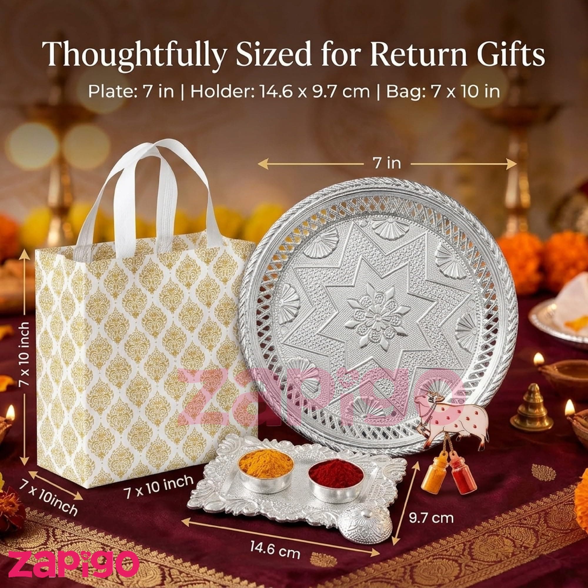 Habba Festive Return Gift Set with Silver Plate, Cow Design Kumkum Holder, Silver Kumkum Set & Laminated Gift Bag, Traditional Haldi Kumkum Return Gift for Diwali, Navratri, Weddings - Pack of 5 thumbnail 8