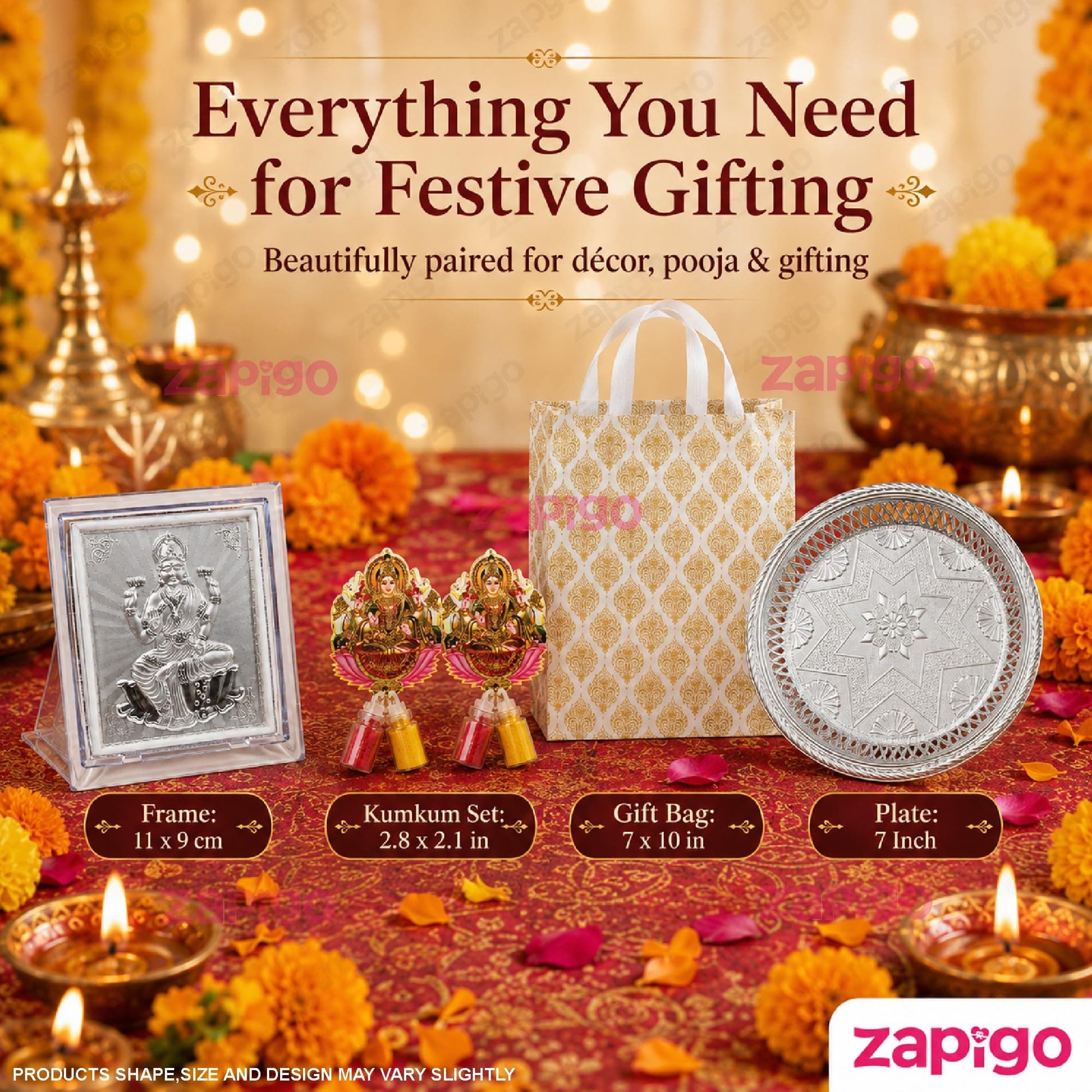 Habba Lakshmi Frame Pooja Return Gift Combo for Women, Lakshmi Kumkum, Silver Plate, Festive Bag, Traditional Haldi Kumkum Tambulam Hamper for Varalakshmi Vratham, Diwali, Weddings, Pack of 5 thumbnail 8