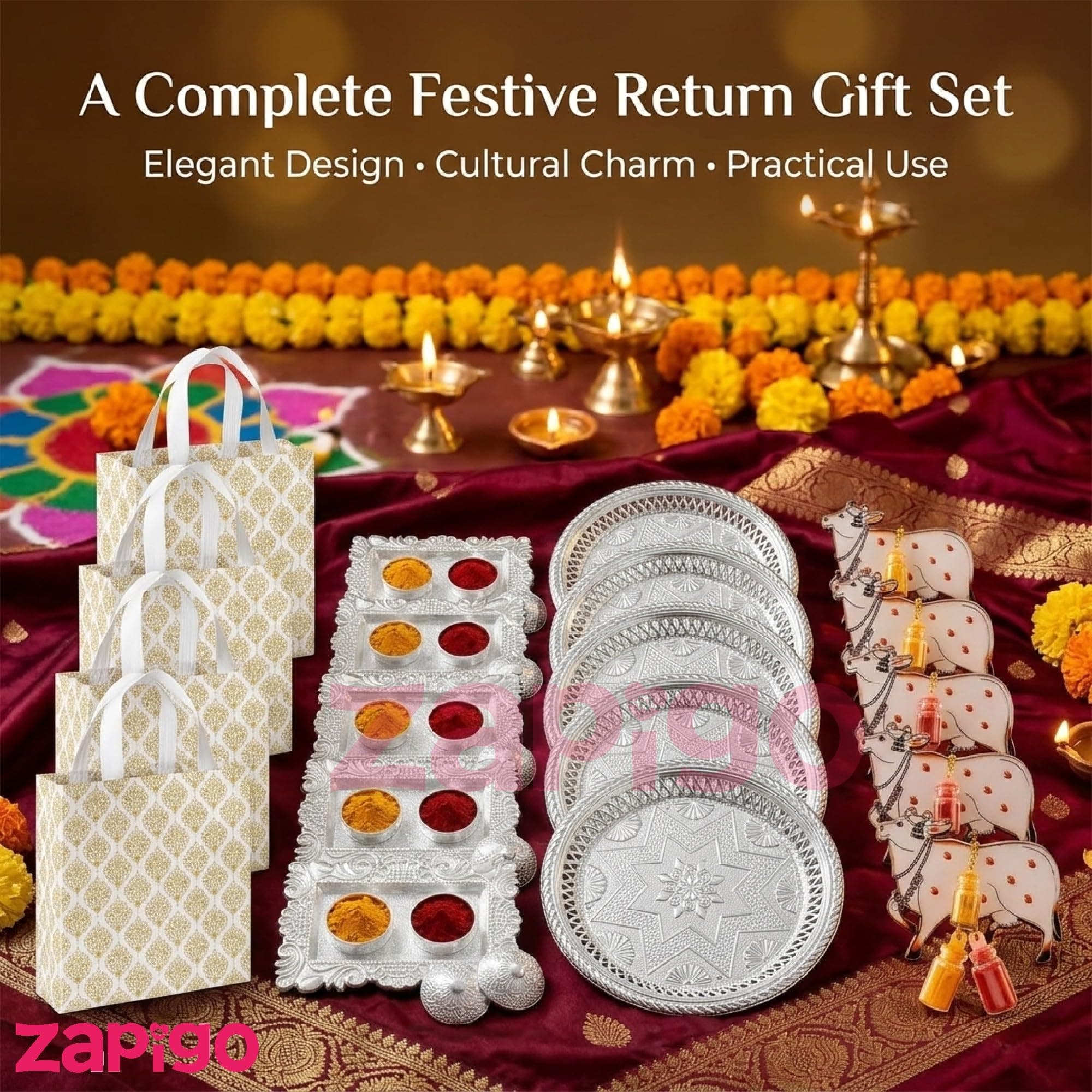 Habba Festive Return Gift Set with Silver Plate, Cow Design Kumkum Holder, Silver Kumkum Set & Laminated Gift Bag, Traditional Haldi Kumkum Return Gift for Diwali, Navratri, Weddings - Pack of 5 thumbnail 2