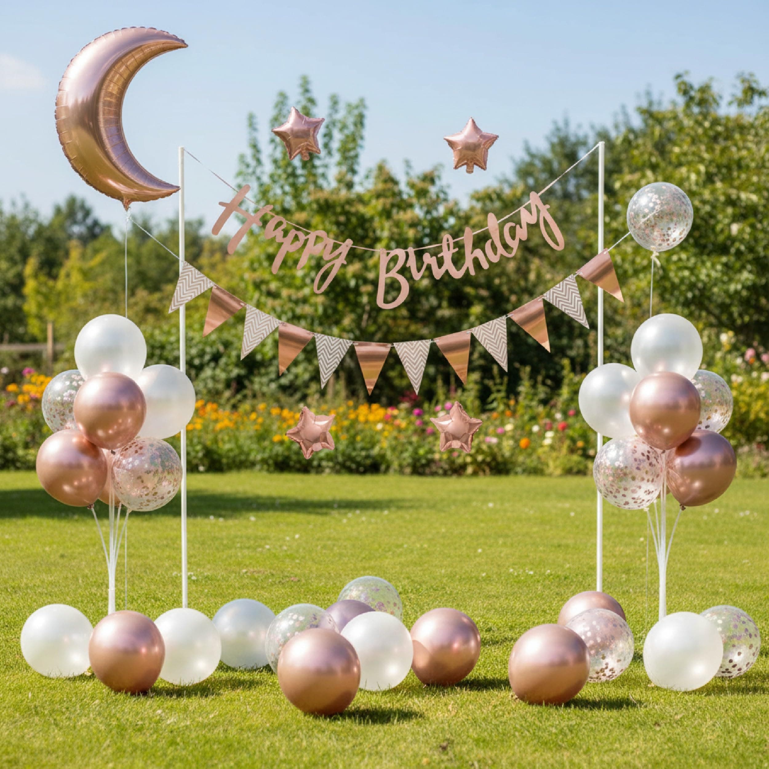 Balloonistics 42 Pcs Rose Gold Birthday Decoration Kit for Girls & Women – Includes Happy Birthday Banner, Moon & Star Foil Balloons, Pennant Banner & 35 Latex Balloons thumbnail 8