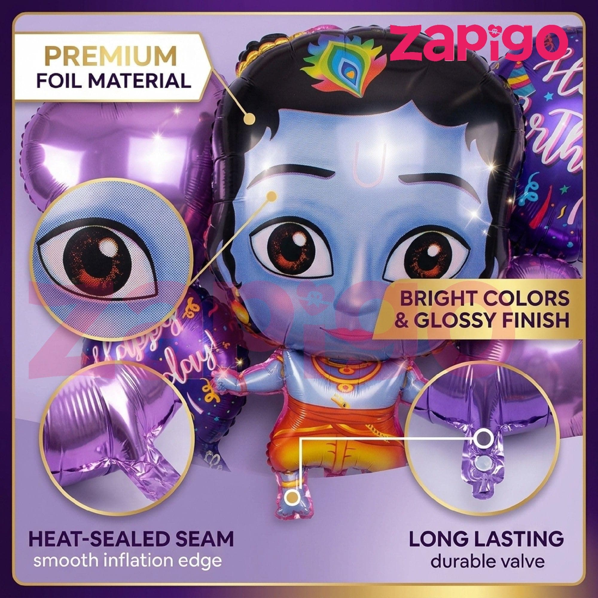 Balloonistics Little Krishna Theme Happy Birthday Balloon Bouquet Pack Of 5 thumbnail 4