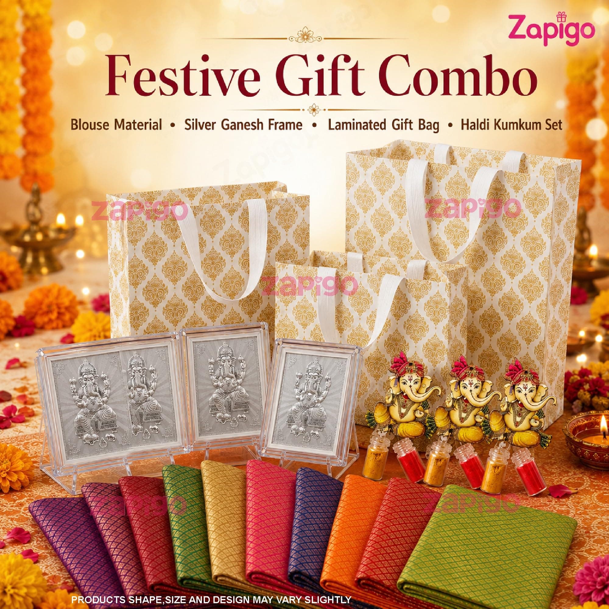 Habba Ganesha Frame Pooja Return Gift Combo for Women, Includes Ganesha Kumkum, Carry Bag, Blouse Piece, Traditional Haldi Kumkum Tambulam Hamper for Ganesh Chaturthi & Festivals, Pack of 5 thumbnail 2