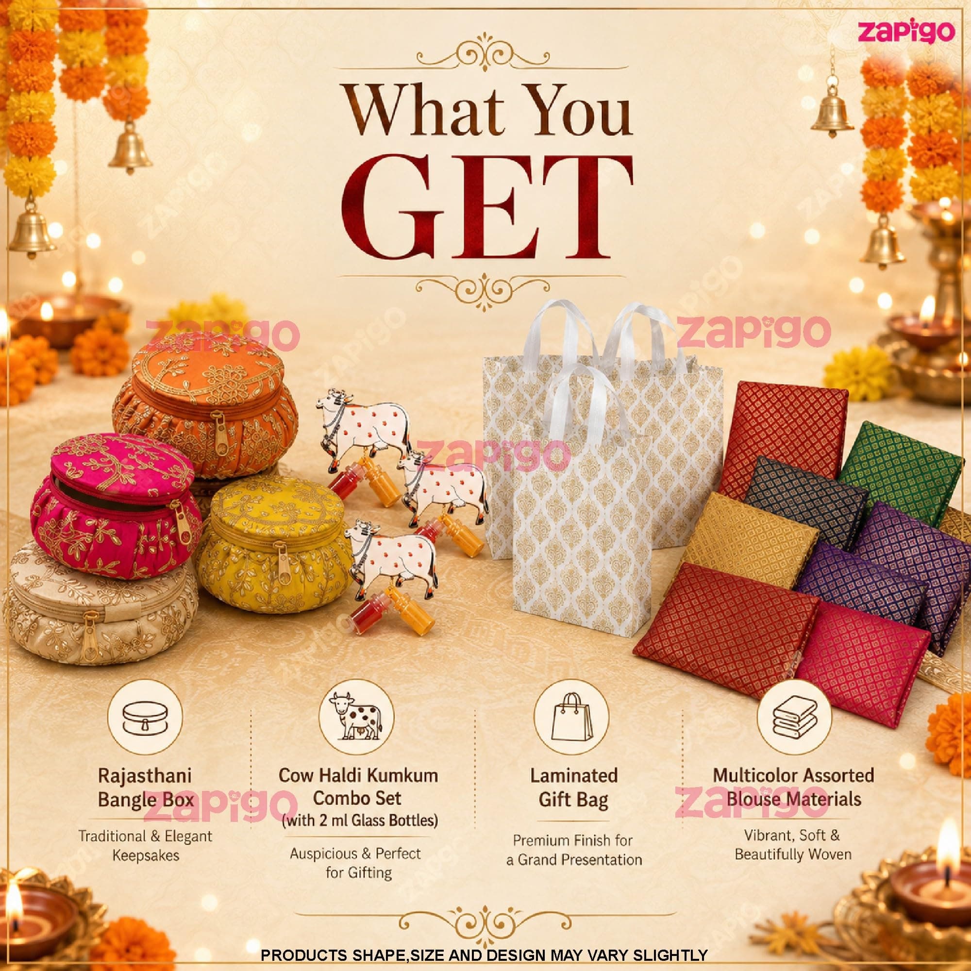 Habba Bangle Box, Cow Kumkum Set, Blouse Piece & Carry Bag Combo, Traditional Haldi Kumkum Tambulam Hamper for Weddings, Varalakshmi Vratham, Griha Pravesh & Festivals, Pack of 5 thumbnail 2