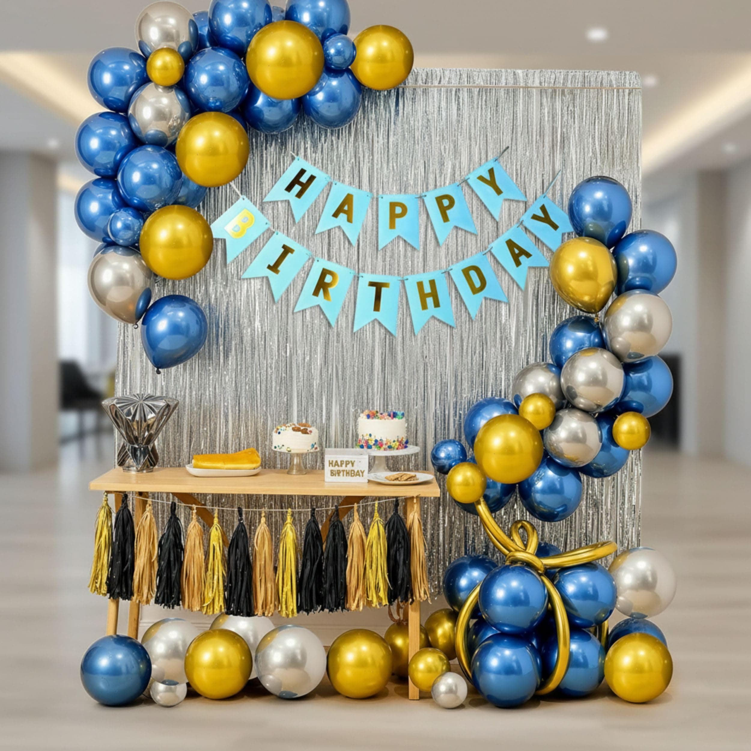 Balloonistics 53 Pcs Vibrant Multicolour Birthday Decoration Kit for Boys & Girls – Happy Birthday Banner, Silver Foil Curtain, Balloons & Arch Strip thumbnail 1