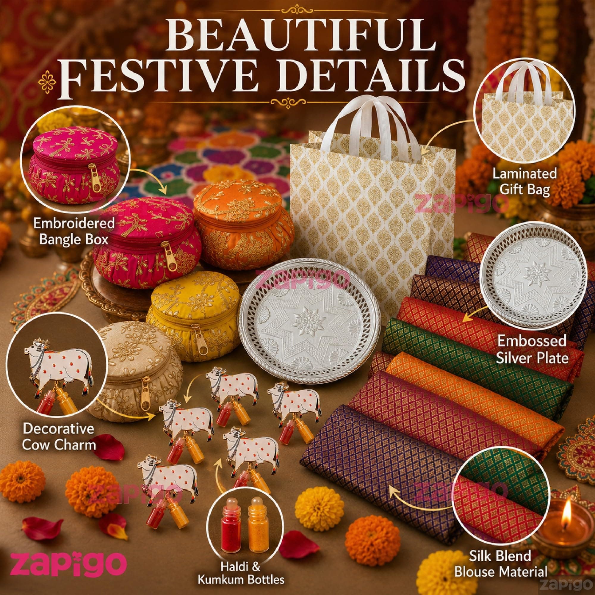 Habba Bangle Box, Cow Kumkum Set, Blouse Piece, Silver Plate & Bag, Traditional Haldi Kumkum Tambulam Hamper for Weddings, Varalakshmi Vratham, Griha Pravesh, Baby Showers & Festivals, Pack of 5 thumbnail 6