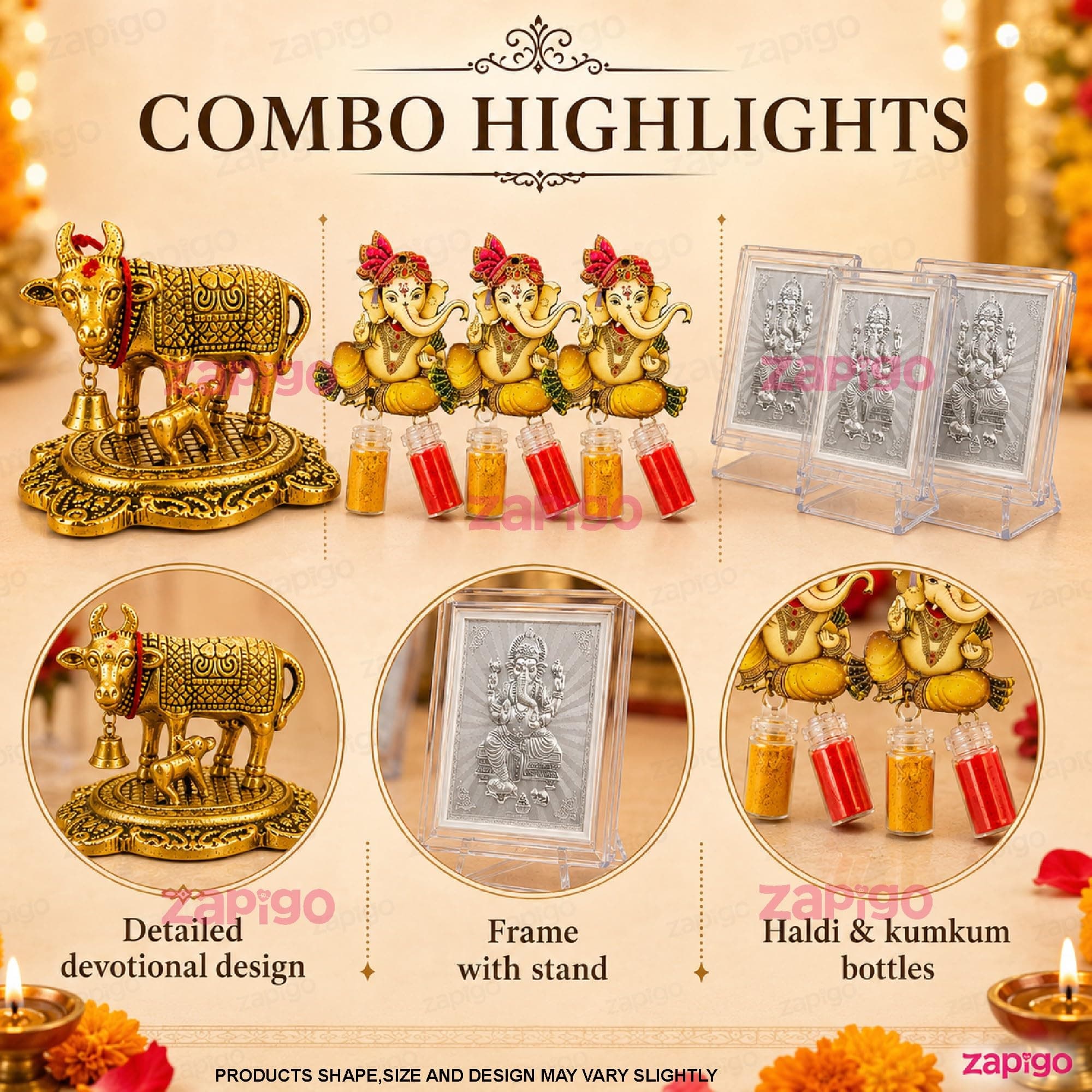 Habba Ganesha Frame with Kumkum Set and Cow Statue, Traditional Haldi Kumkum Tambulam Hamper for Ganesh Chaturthi, Varalakshmi Vratham, Weddings, Baby Showers, Griha Pravesh, Festivals, Pack of 5 thumbnail 6