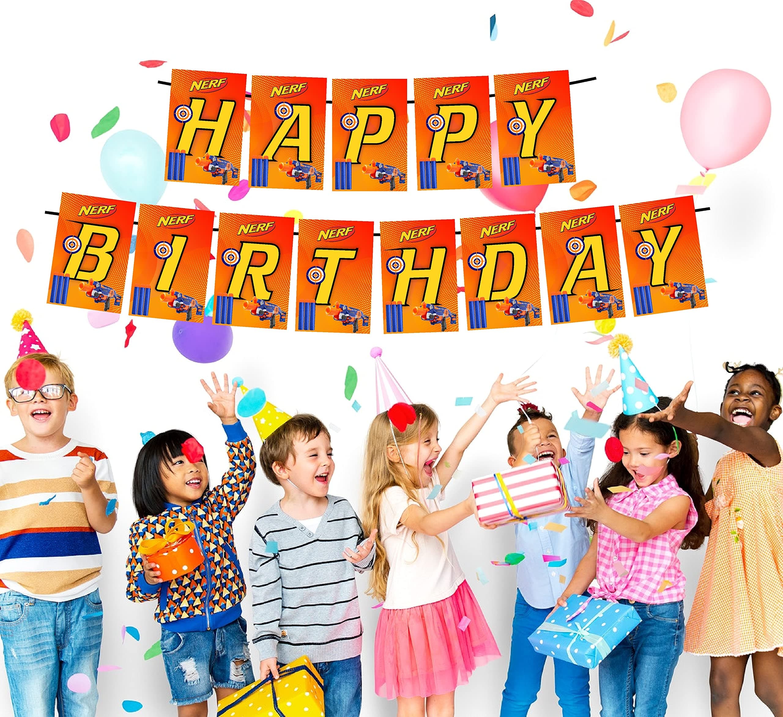 Dart Blaster Theme Happy Birthday Banner - "Battle Zone" Tactical Cardstock Bunting - Blue & Orange Dart War Party Decorations, Action-Packed Birthday Backdrop (Happy Birthday Banner) thumbnail 3