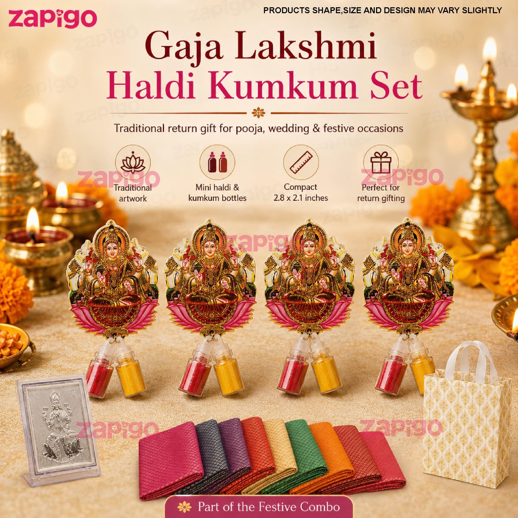 Habba Lakshmi Frame Pooja Return Gift Combo for Women, Lakshmi Kumkum, Carry Bag, Blouse Piece, Traditional Tamboolam Hamper for Varalakshmi Vratham, Weddings, Festivals, Pack of 5 thumbnail 4