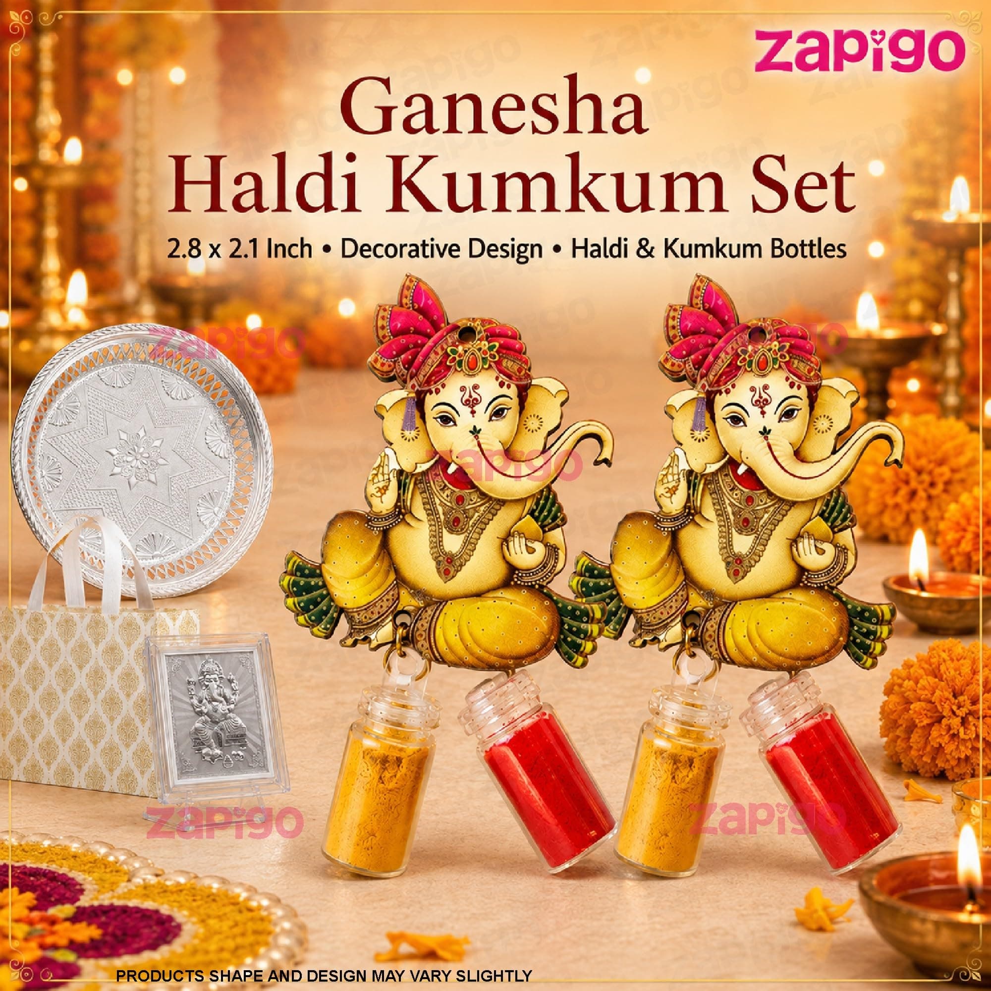 Habba Ganesha Frame Pooja Return Gift Combo with Ganesha Kumkum, Silver Plate & Festive Bag, Traditional Haldi Kumkum Tambulam Hamper for Ganesh Chaturthi, Weddings & Festivals, Pack of 5 thumbnail 6
