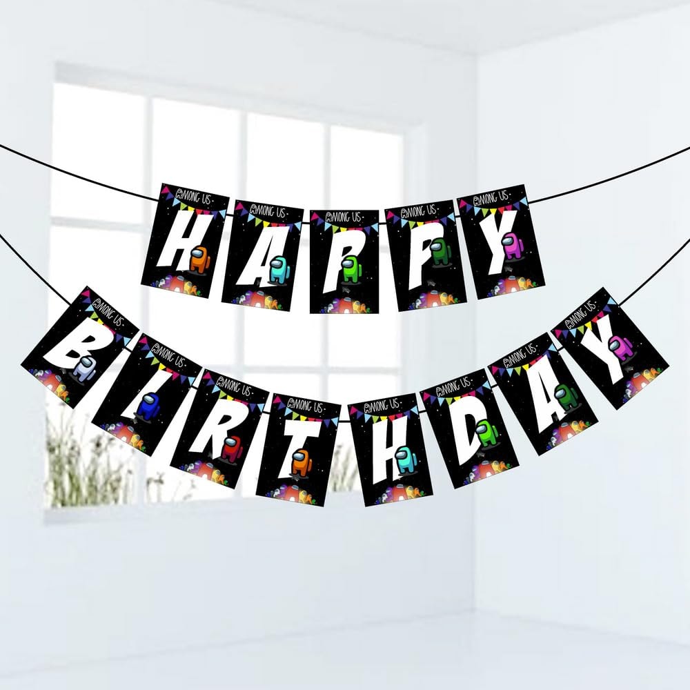 Balloonistics Among Theme Happy Birthday Banner Birthday Decorations Multicolor Premium Cardstock Backdrop Sign for Kids Birthday (Happy Birthday Banner)