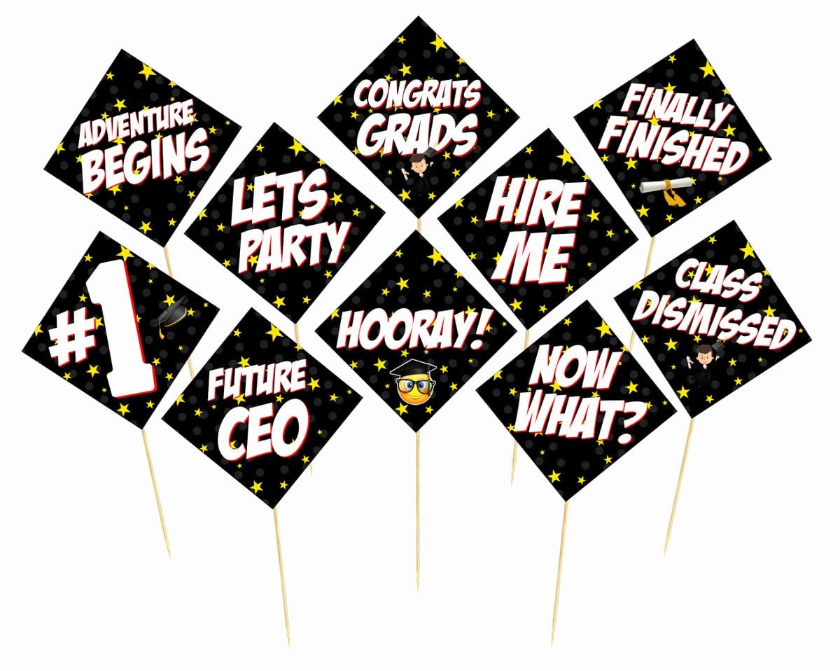 Balloonistics Graduation Photo Booth Props – Pack of 10 Premium Cardstock Accessories – Elegant Black & Gold Class Party Supplies