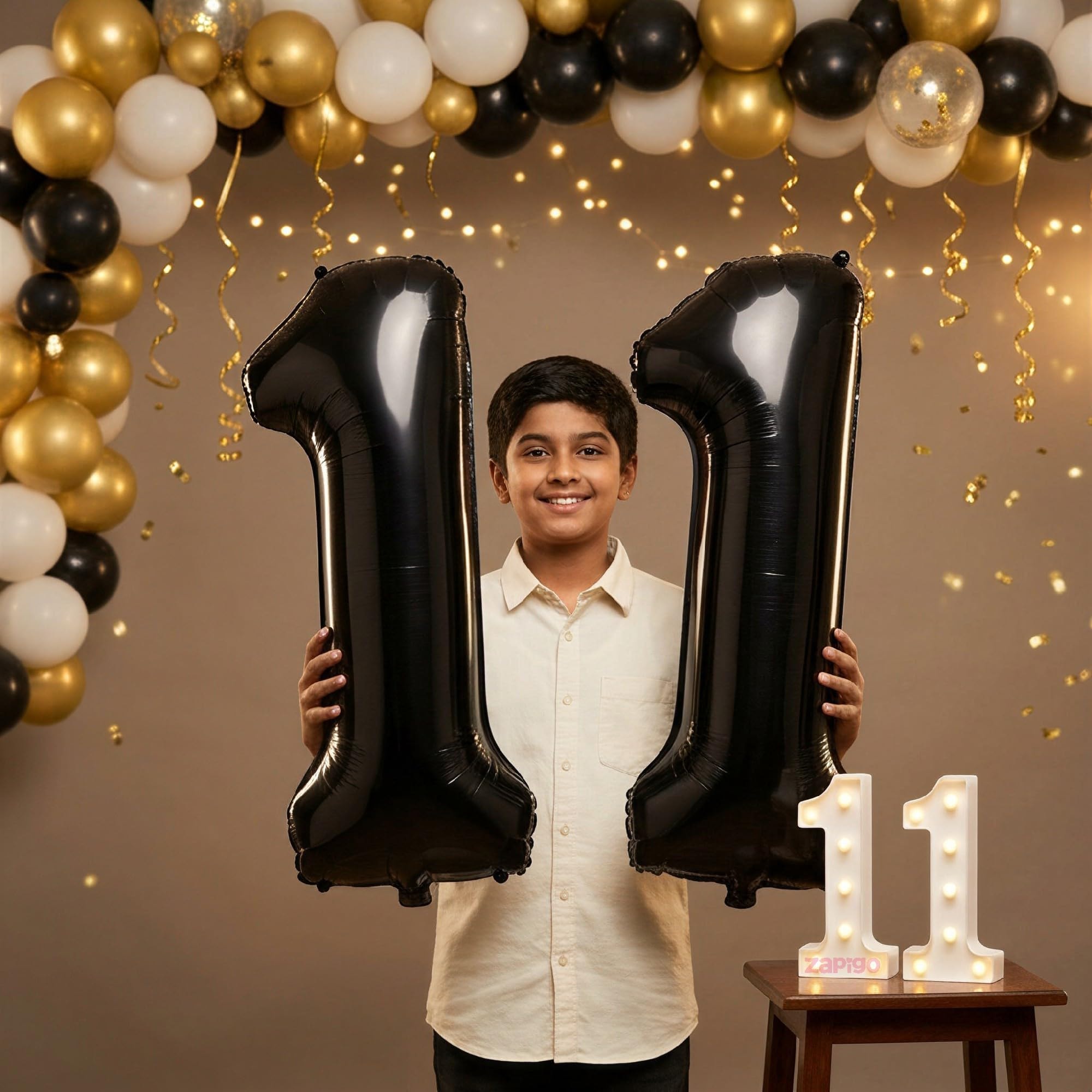 Balloonistics Black 40-Inch Foil Number 11 Balloon with Matching LED Marquee Light - Combo Set for 11th Birthday, Anniversary, Party Decoration, Photo Booth Backdrop