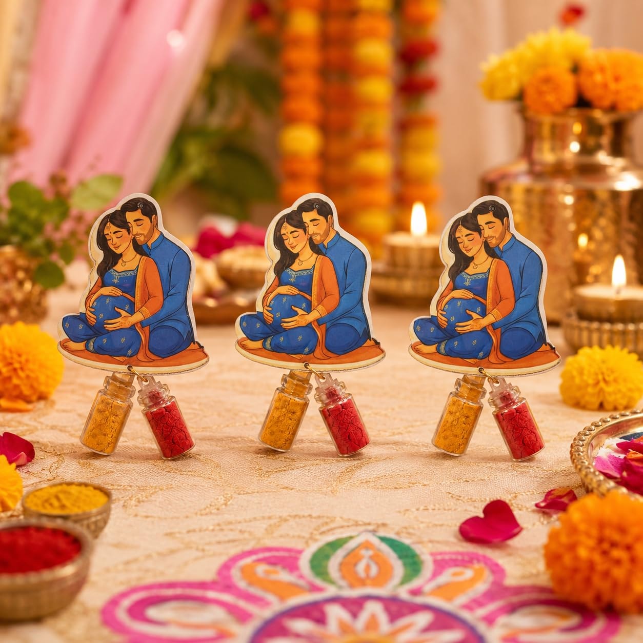 Habba Baby Shower Couple Haldi Kumkum Set for Guests, Printed Cut-Out with Mini Dome Glass Bottles of Haldi & Kumkum, Traditional Seemantham / Godh Bharai / Valaikappu Return Gift, Pack of 5