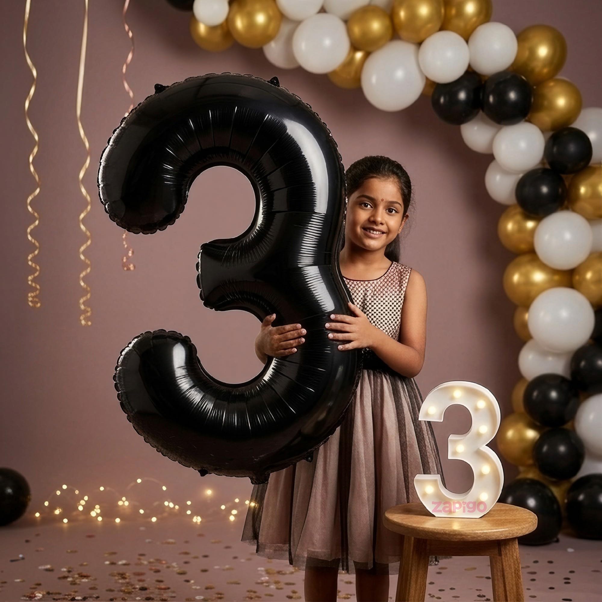 Balloonistics Black 40-Inch Foil Number 3 Balloon with Matching LED Marquee Light - Combo Set for 3rd Birthday, Anniversary, Party Decoration, Photo Booth Backdrop