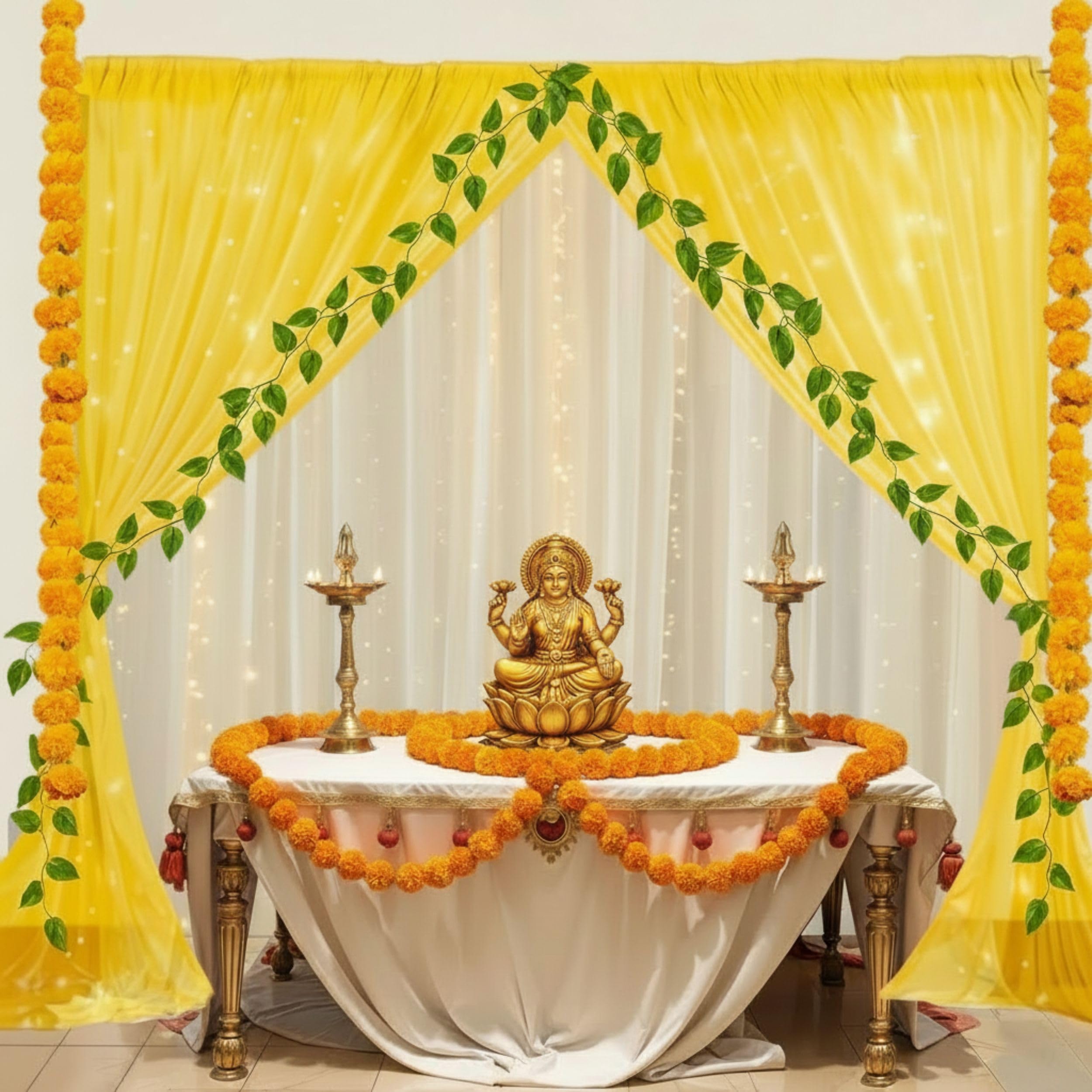 Balloonistics 11 Pcs Haldi & Pooja Decoration Kit – Traditional Yellow & White Backdrop Curtains with Marigold Garlands, Money Plant Vines & Hooks – DIY Home Celebration Set