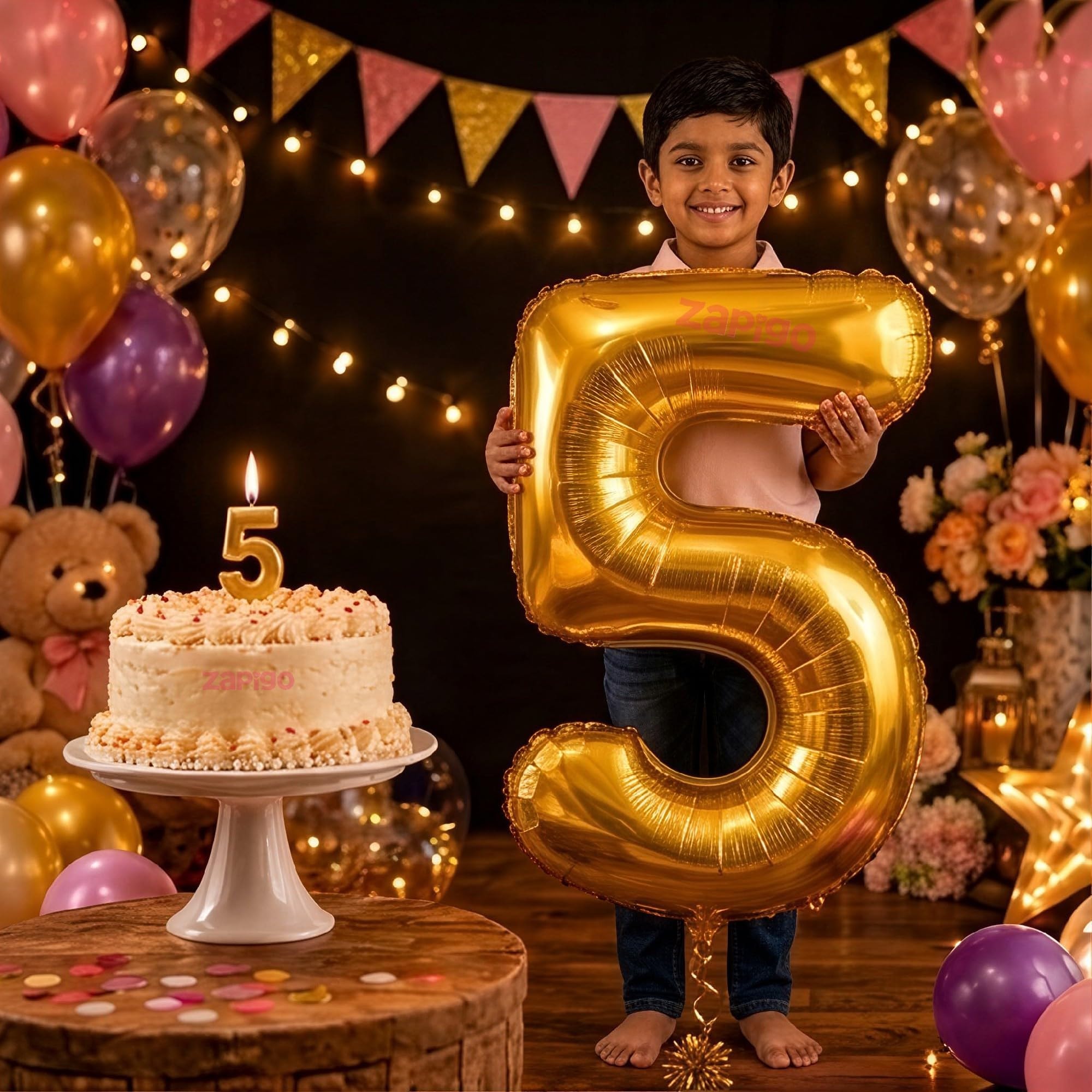 Balloonistics Gold 40-Inch Foil Number 5 Balloon with Matching Number Candle - Combo Set for 5th Birthday, Anniversary, Party Decoration, Photo Booth Backdrop