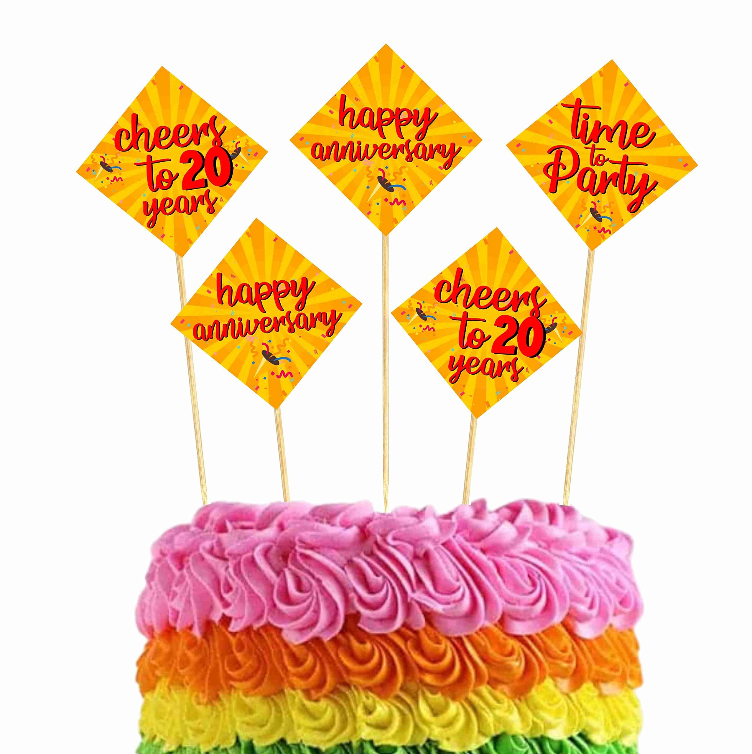 Balloonistics 20th Anniversary Cake Topper Multicolor Cardstock Picks with Natural Bamboo Sticks Anniversary Party Decorations for Cakes (Cake Topper - Pack of 10)