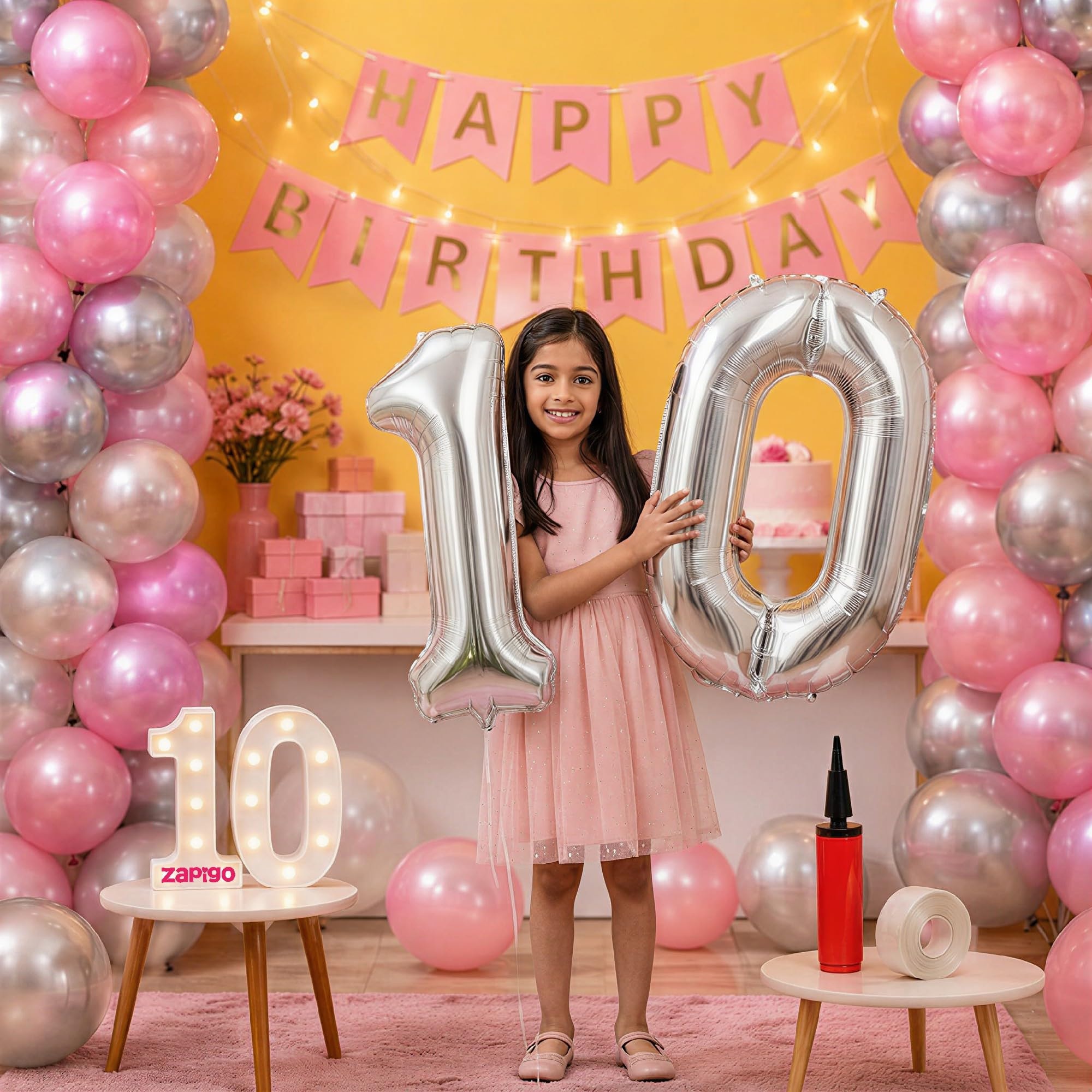 Balloonistics 10th Birthday Decoration Combo Kit - 40 Inch Silver Foil Number Balloon, LED Marquee Light, 50 Silver & Pink Balloons, Happy Birthday Banner, Balloon Pump & Glue Dots