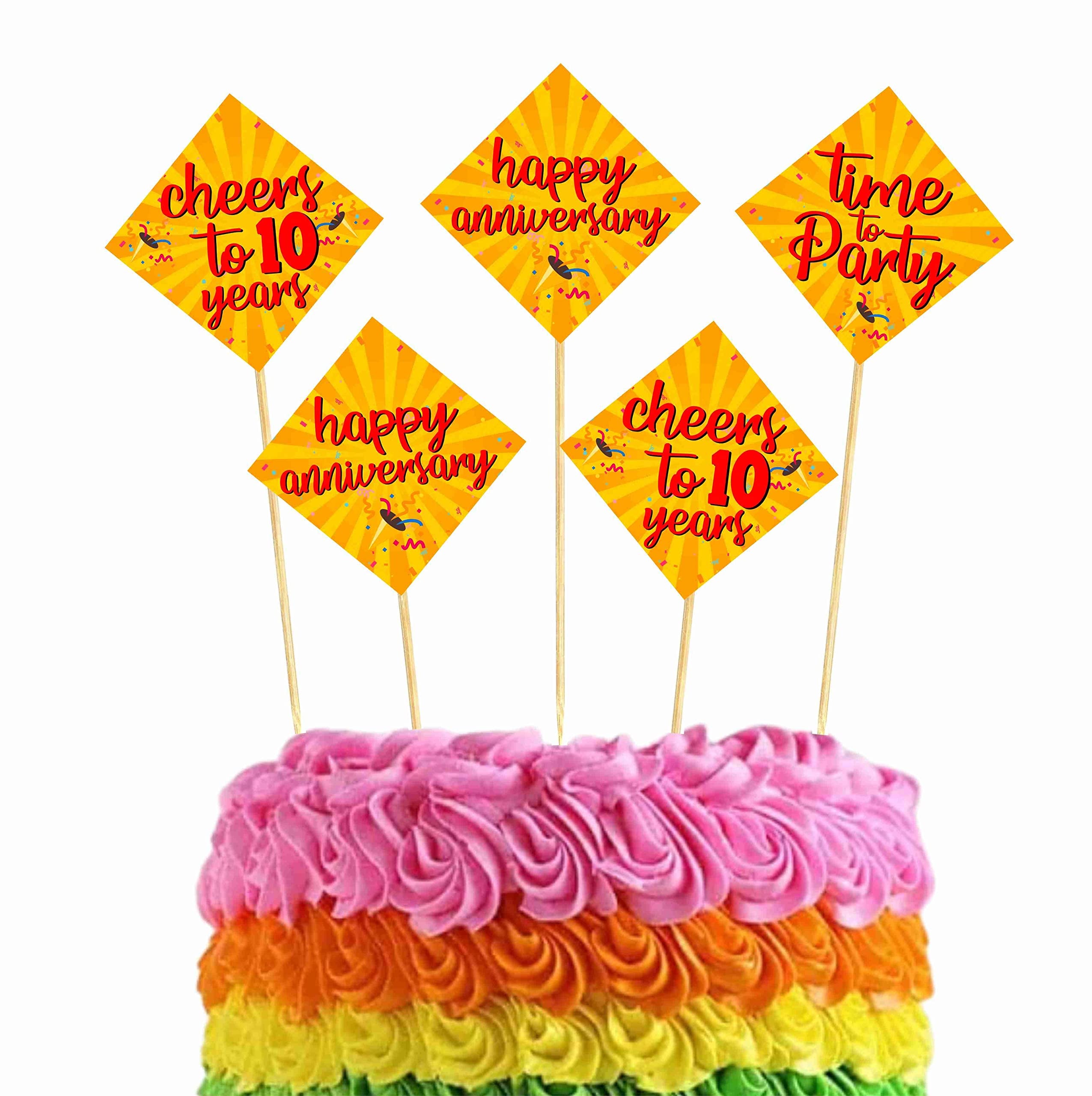 Balloonistics 10th Anniversary Cake Topper Multicolor Cardstock Picks with Natural Bamboo Sticks Anniversary Party Decorations for Cakes (Cake Topper - Pack of 10)