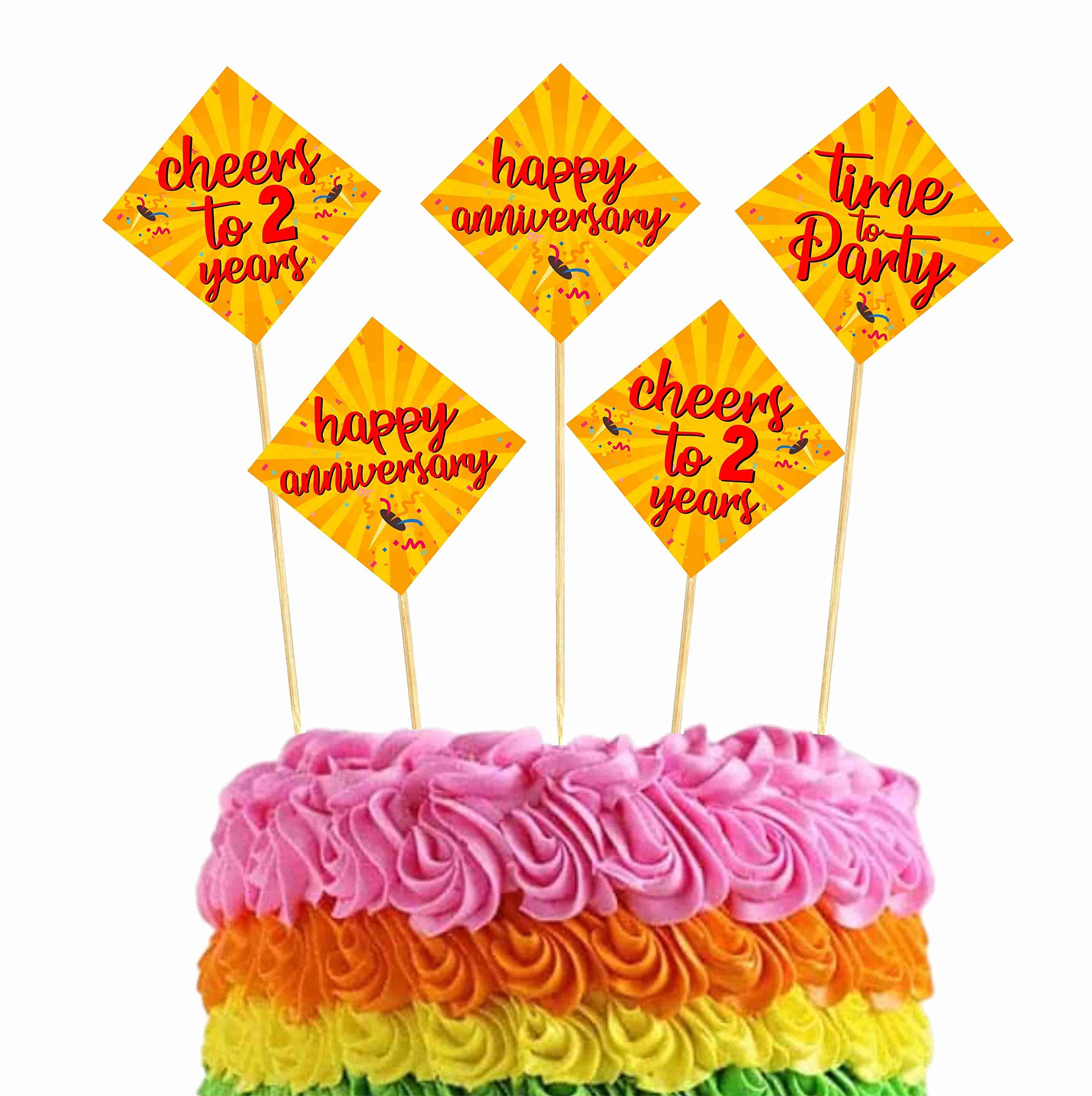 Balloonistics 2nd Anniversary Cake Topper Multicolor Cardstock Picks with Natural Bamboo Sticks Anniversary Party Decorations for Cakes (Cake Topper - Pack of 10)