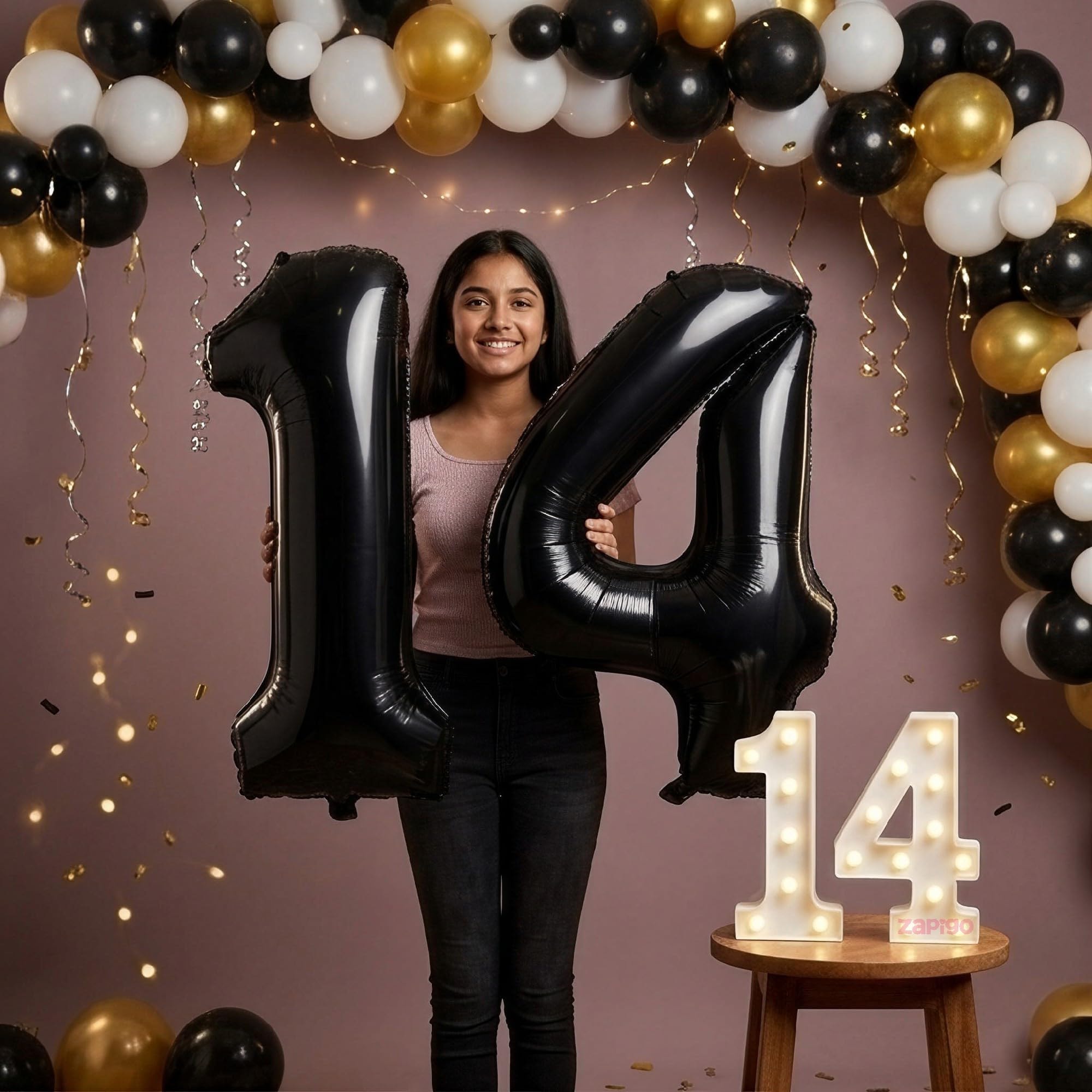 Balloonistics Black 40-Inch Foil Number 14 Balloon with Matching LED Marquee Light - Combo Set for 14th Birthday, Anniversary, Party Decoration, Photo Booth Backdrop