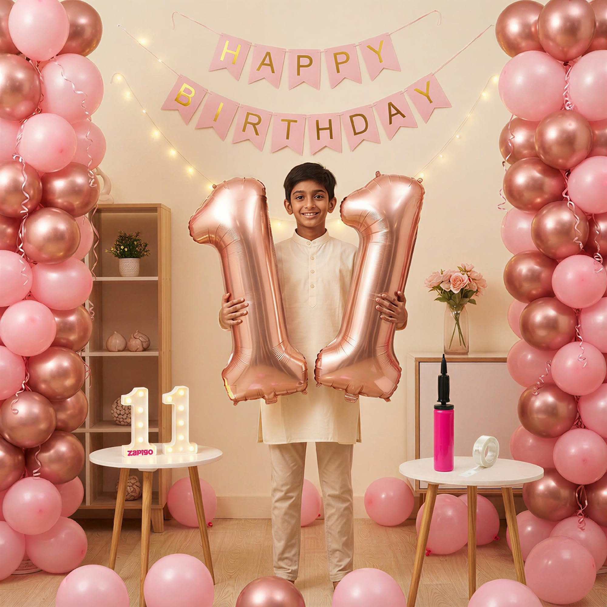 Balloonistics 11th Birthday Decoration Combo Kit - 40 Inch Rose Gold Foil Number Balloon, LED Marquee Light, 50 Rose Gold & Pink Balloons, Happy Birthday Banner, Balloon Pump & Glue Dots