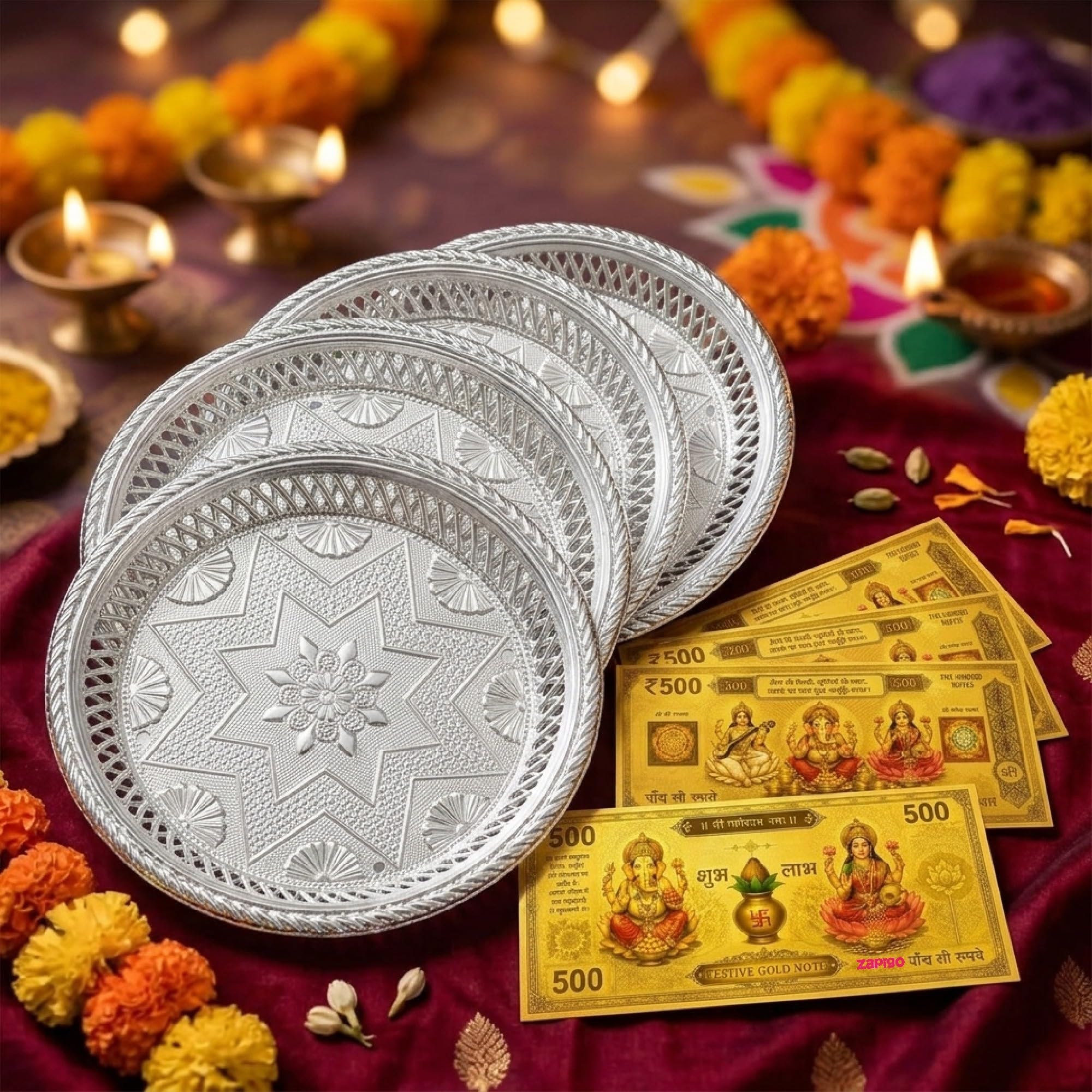 Habba Decorative Silver Plate & Festive Gold Note, Traditional Return Gift for Women, Pooja, Tambulam, Diwali, Navratri, Wedding, Housewarming, Festivals - Pack of 10
