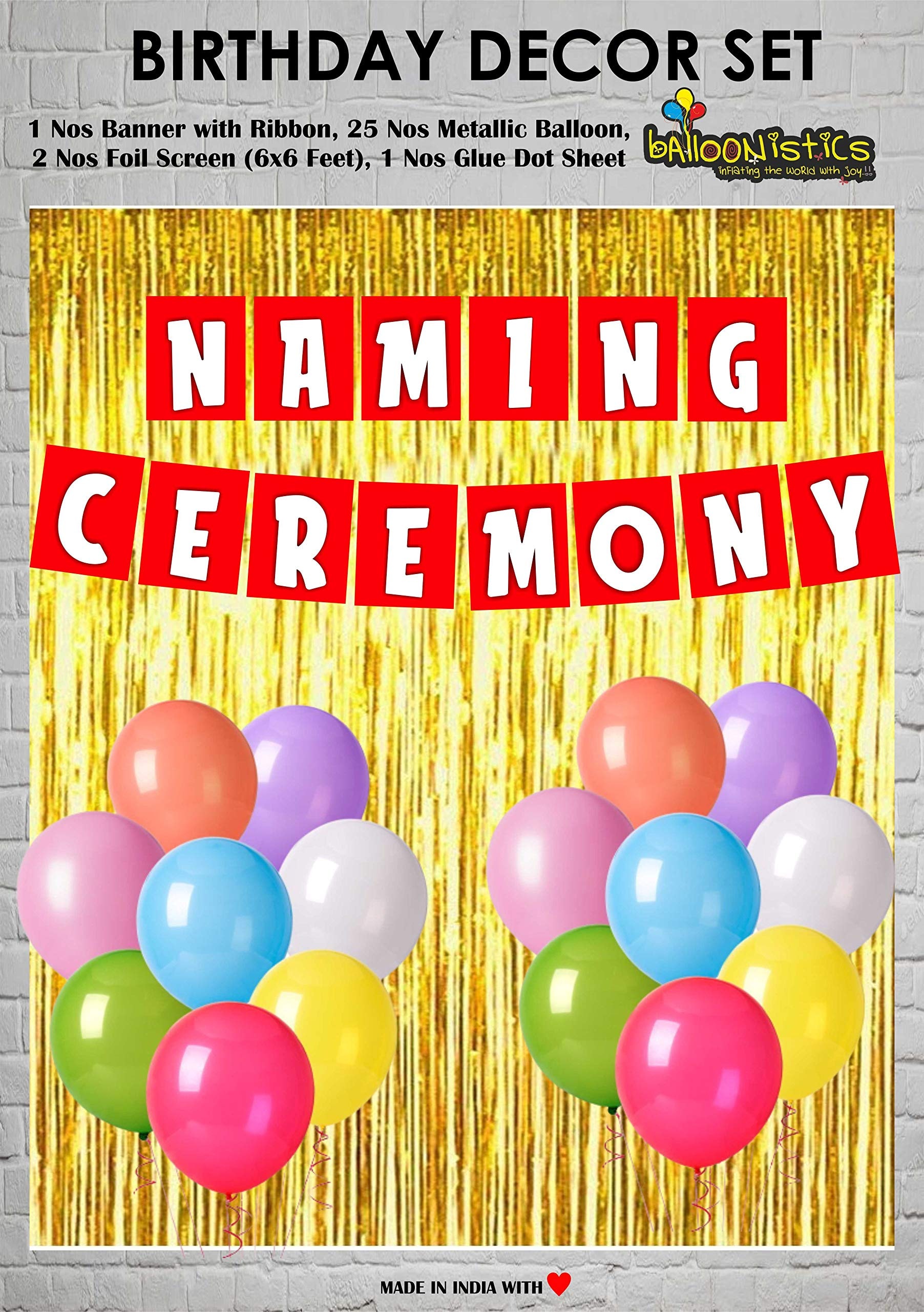Balloonistics Naming Ceremony Banner C16 Combo Includes 2 Gold foil Curtains, 1 Naming Ceremony Banner, 25 Nos Multicolor Balloon and Glue Dots for Decoration