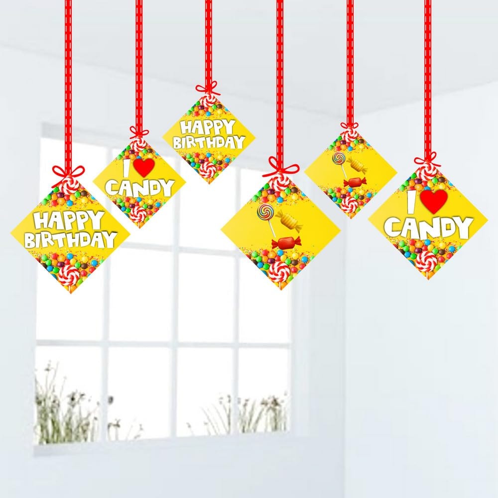 Balloonistics Candy Theme Happy Birthday Hanging Decorations - Pack of 12 Double-Sided Cardstock Swirls & Cutouts - Sweet One, Candyland, and Lollipop Party Supplies, Includes Ribbons & Hooks (Hangings - Pack of 12)