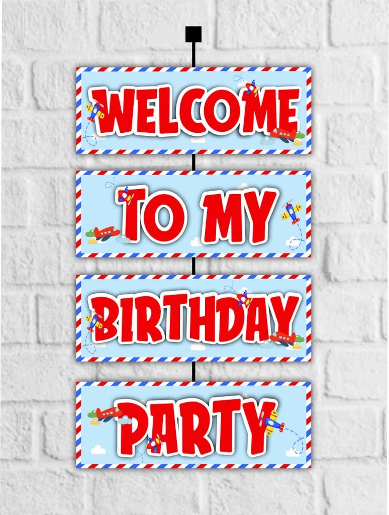 Aeroplane Theme Outdoor Welcome Board 2.3 feet Cardstock Panels - Blue & Red Airplane Birthday Entrance Sign (Welcome Board 2.3 feet)