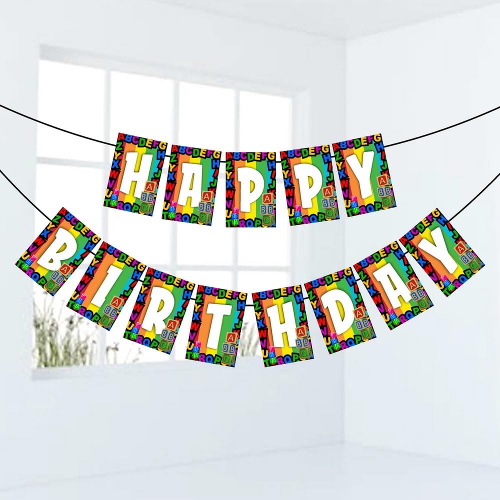 Balloonistics ABC Alphabet Theme Happy Birthday Banner Premium Cardstock Birthday Party Decorations Colorful Backdrop for Kids Including Ribbon