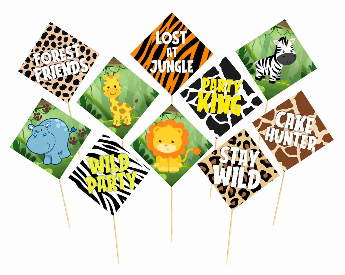African Safari Theme 10 Pack Photo Booth Props with Bamboo Sticks African Jungle Animal Theme Birthday Party Decorations Premium Cardstock Jungle Safari Party Supplies for Kids & Adults