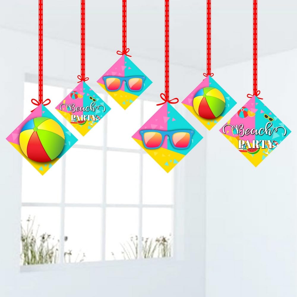 Balloonistics Beach Party Birthday Hanging Decorations - Pack of 12 Double-Sided Cardstock Swirls & Cutouts - Tropical Summer, Pool Side & Luau Theme Party Decor, Sun, Sand & Surf Ceiling Hangings (Hangings - Pack of 12)