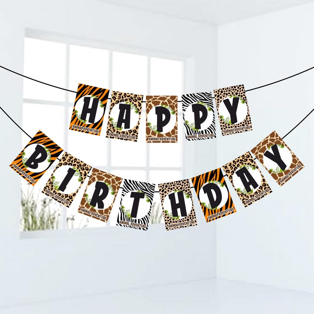 Balloonistics African Safari Happy Birthday Banner Jungle Theme Birthday Decorations for Boys & Girls Premium Cardstock Animal Kingdom Backdrop with Ribbon