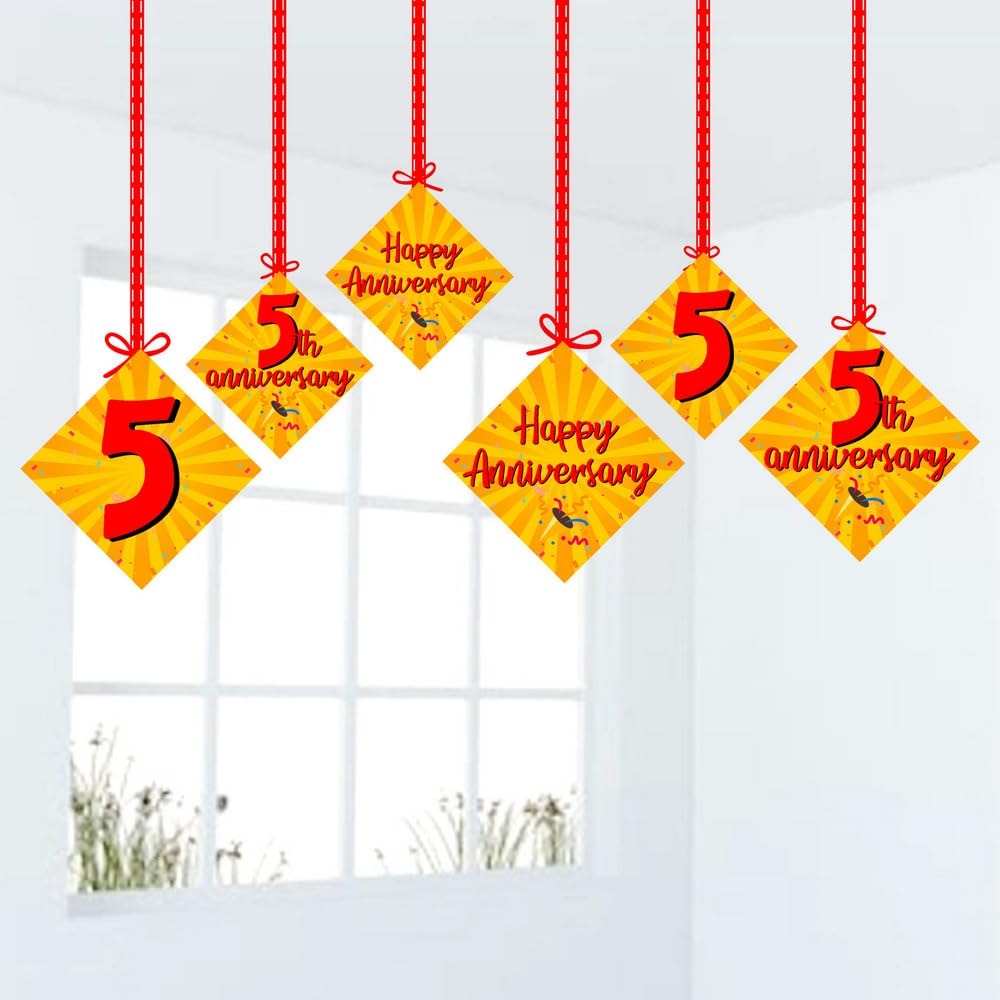Balloonistics 5th Anniversary Hanging Decorations Double-Sided Multicolor Cardstock Ceiling Decor with Ribbons Anniversary Party Supplies for Home (Hangings - Pack of 12)