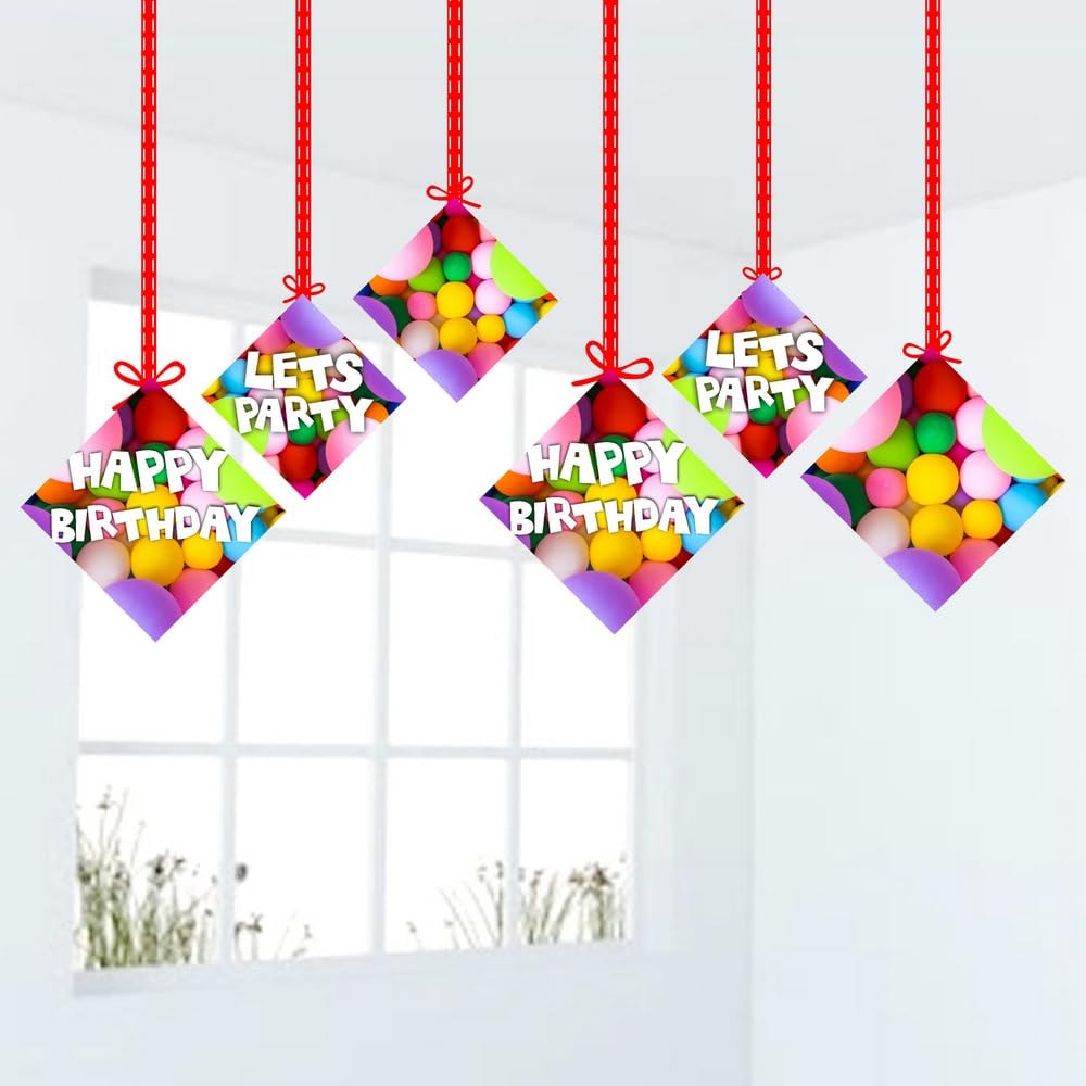 Balloonistics Colorful Balloon Happy Birthday Hangings - Pack of 12 Double-Sided Cardstock Ceiling Decor - Vibrant Birthday Theme Hanging Swirls & Cutouts with Satin Ribbons for Indoor/Outdoor Party (Hangings - Pack of 12)
