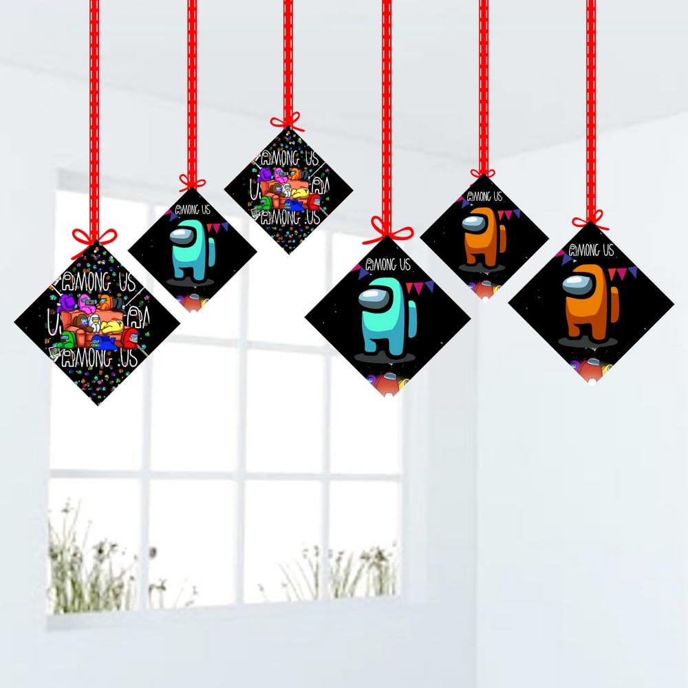 Balloonistics Among Theme Birthday Hanging Decorations Double-Sided Cardstock Cutouts with Ribbons Party Supplies for Birthdays (Hangings - Pack of 12)