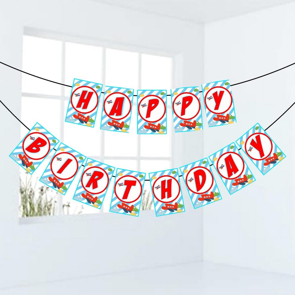 Aeroplane Theme Happy Birthday Banner Aviation Party Decorations - Multicolor Kids Birthday Backdrop Bunting with Hanging Ribbon - Pilot & Sky Adventure Party Supplies (Happy Birthday Banner)