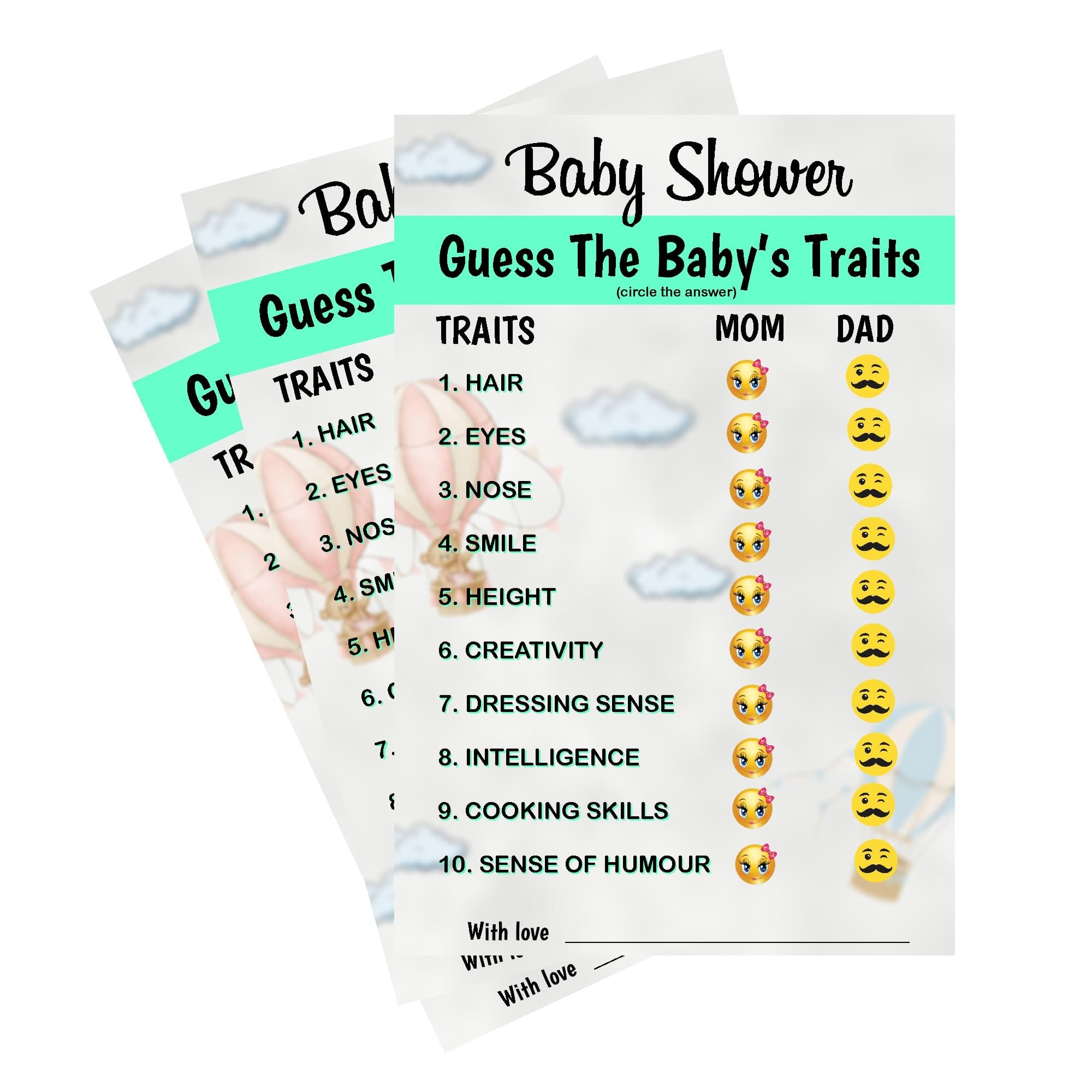 Balloonistics Baby Shower Activity Cards – Pack of 20 – “Baby Traits” Prediction & Wishes Game – Premium 4x6 Inch Cardstock – Botanical Greenery Design