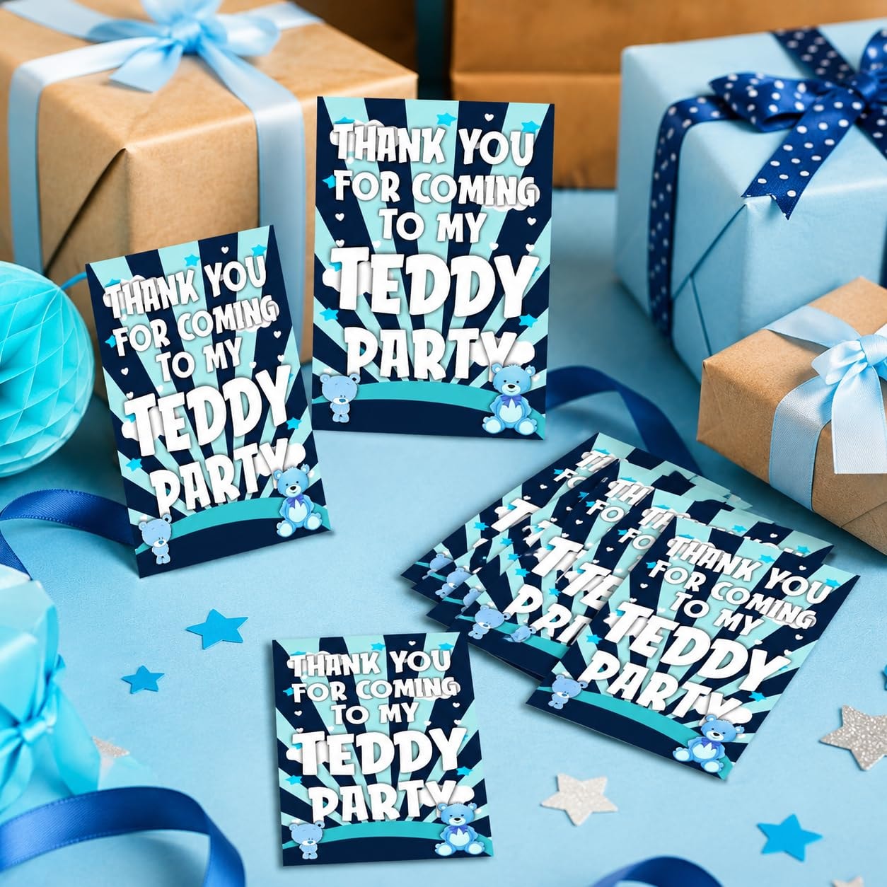 Balloonistics Blue Teddy Bear Thank You Cards - Pack of 20 Premium Cardstock Notes for Return Gifts - Cuddly Bear Theme Party Favors with Writing Space - Perfect for Boys’ Birthday Parties & Kids' Celebrations (Thank you Cards - Pack of 20)