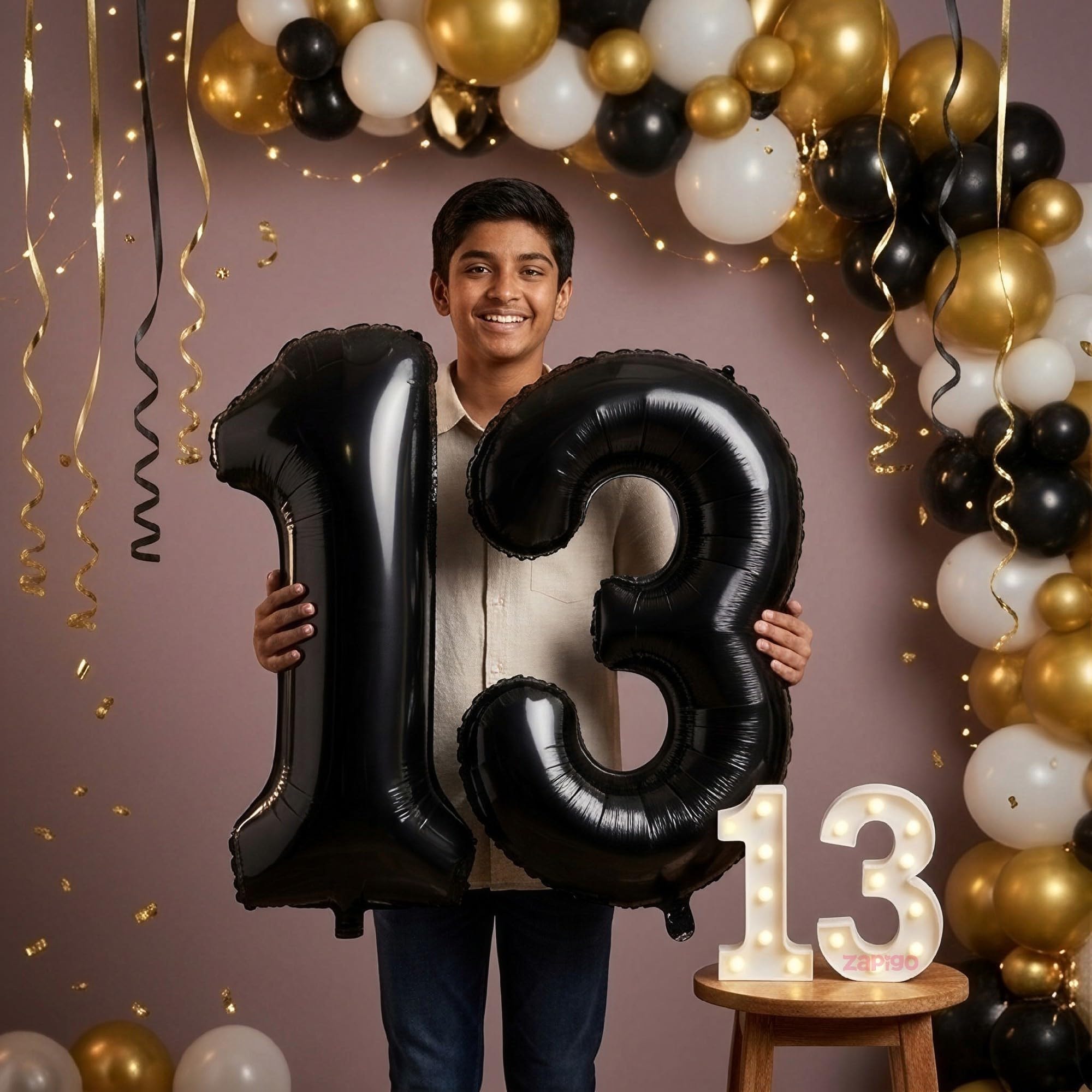 Balloonistics Black 40-Inch Foil Number 13 Balloon with Matching LED Marquee Light - Combo Set for 13th Birthday Decoration, Photo Booth Backdrop, Party Decor