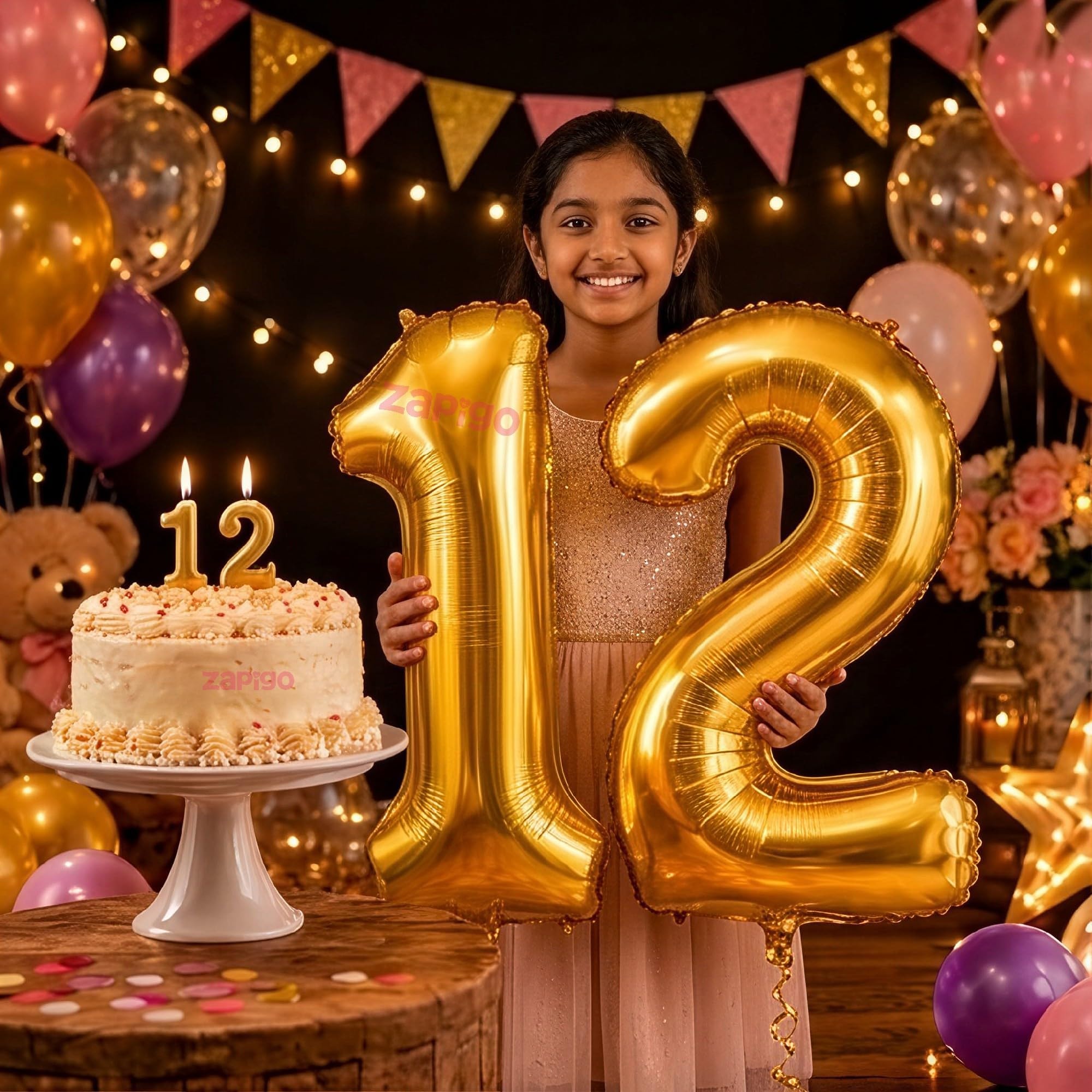 Balloonistics Gold 40-Inch Foil Number 12 Balloon with Matching Number Candle - Combo Set for 12th Birthday, Anniversary, Party Decoration, Cake Table Decor, Photo Booth Backdrop
