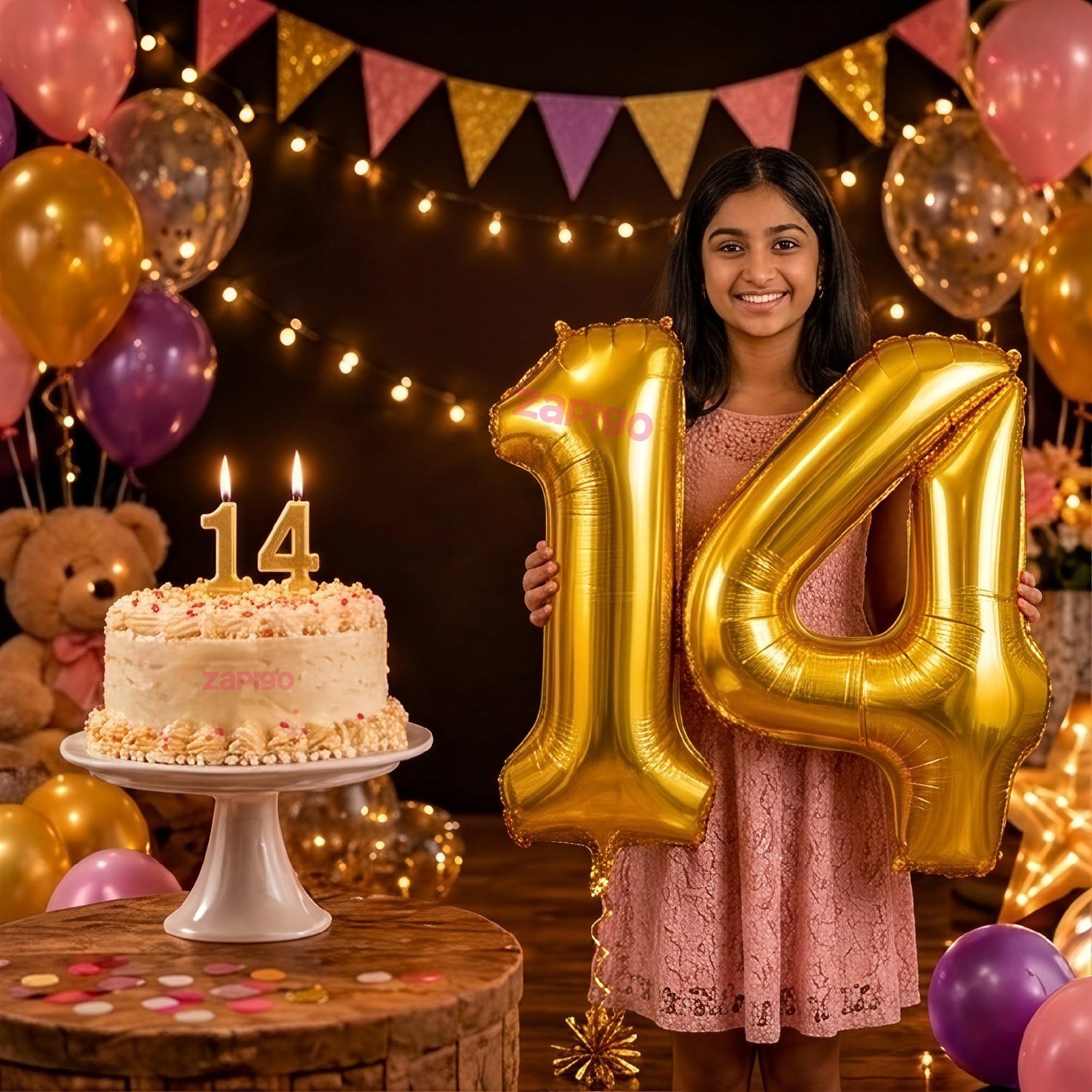 Balloonistics Gold 40-Inch Foil Number 14 Balloon with Matching Number Candle - Combo Set for 14th Birthday, Anniversary, Party Decoration, Photo Booth Backdrop, Cake Table Decor