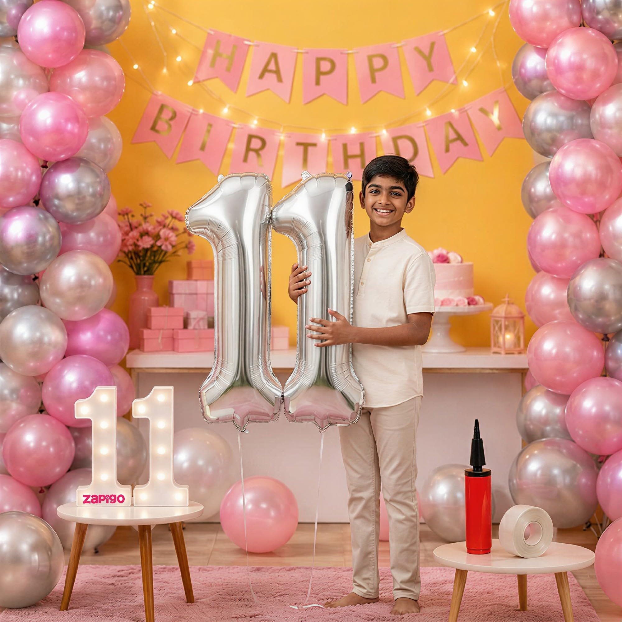 Balloonistics 11th Birthday Decoration Combo Kit - 40 Inch Silver Foil Number Balloon, LED Marquee Light, 50 Silver & Pink Balloons, Happy Birthday Banner, Balloon Pump & Glue Dots