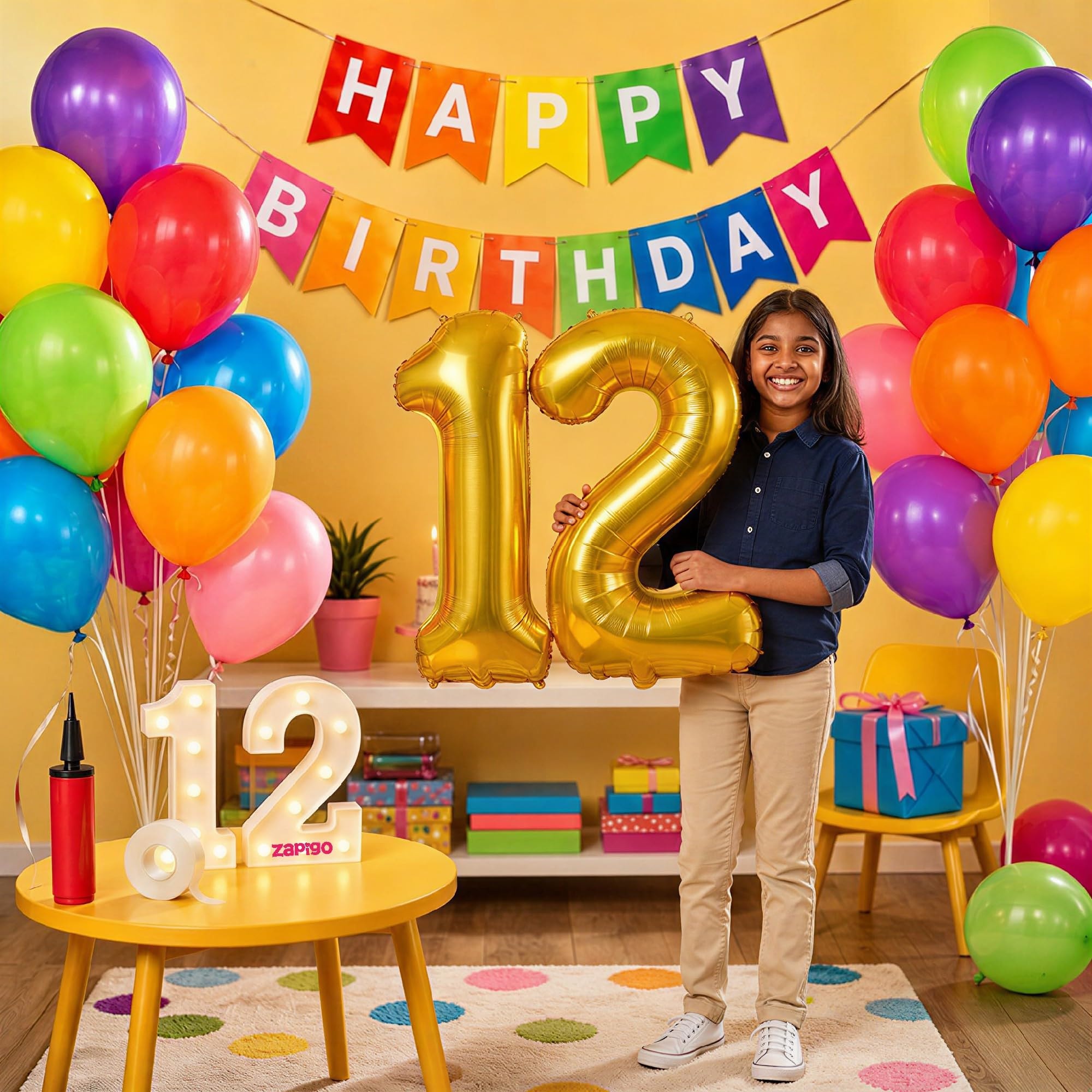Balloonistics 12th Birthday Decoration Combo Kit - 40 Inch Gold Foil Number Balloon, LED Marquee Light, 50 Multicolor Balloons, Happy Birthday Banner, Balloon Pump & Glue Dots