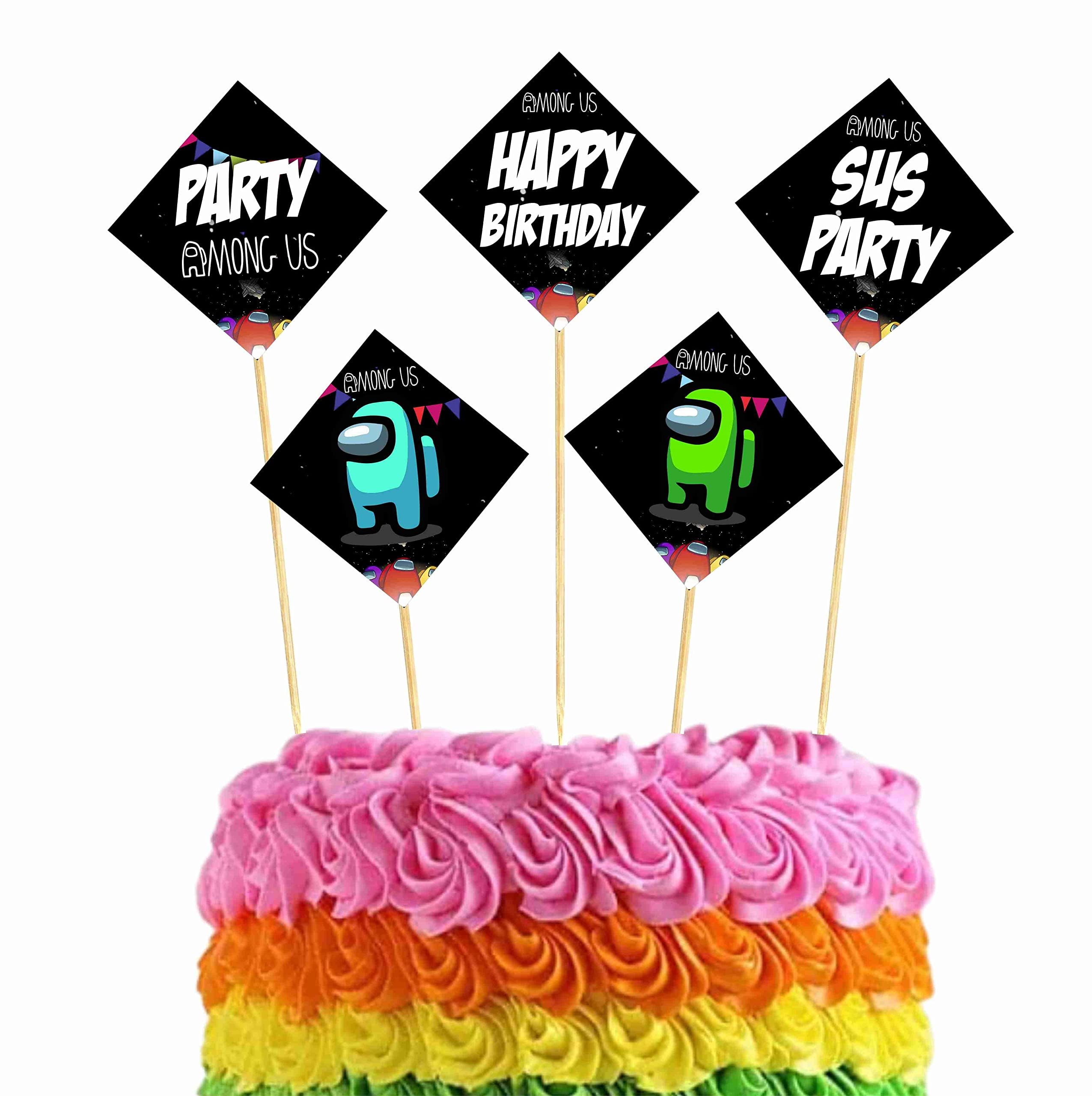 Balloonistics Among Theme Cake Topper Premium Cardstock Cake Toppers with Bamboo Sticks Multicolor Party Decorations for Birthdays (Cake Topper - Pack of 10)